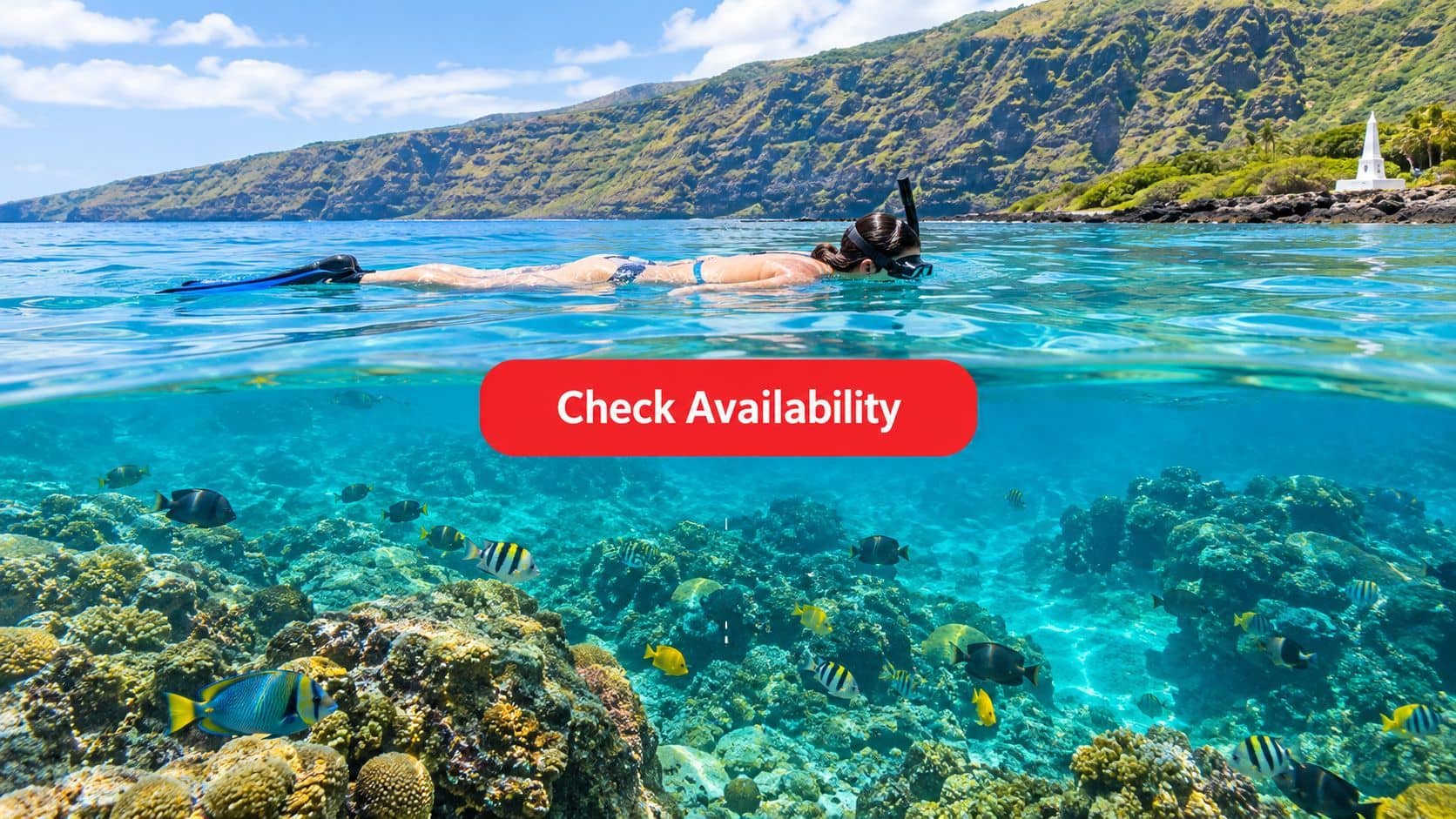 A person snorkeling in crystal clear blue water over a vibrant coral reef filled with tropical fish.