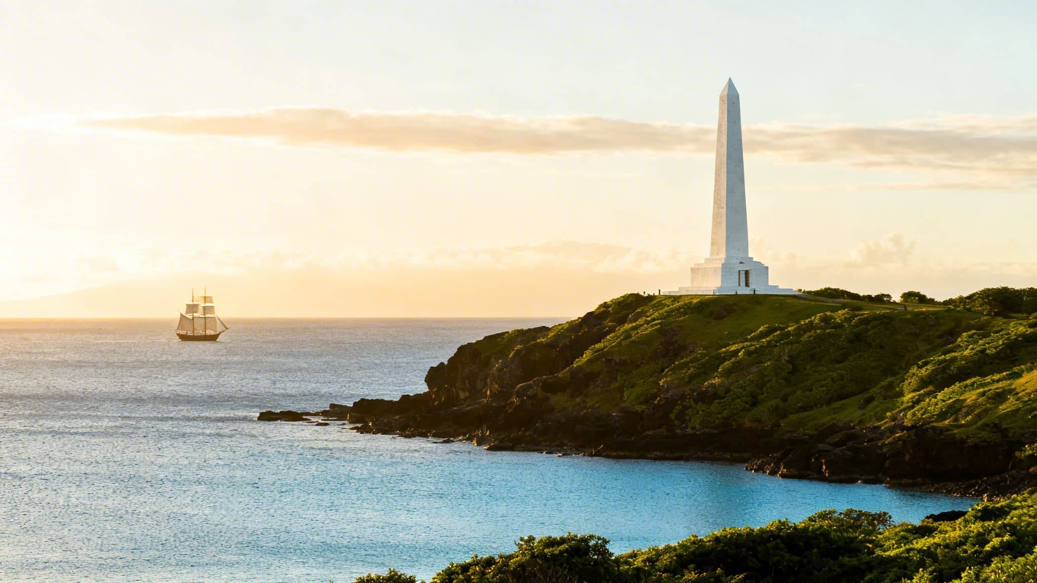 A tall white obelisk monument on a green cliff overlooking a calm sea with a sailing ship at sunset.