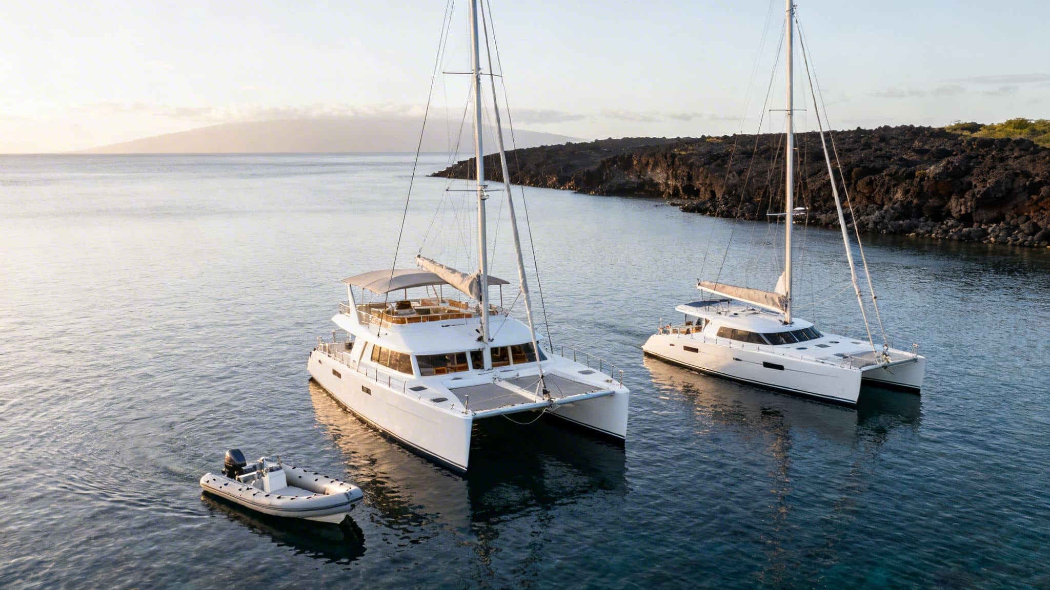 Two luxury catamarans and a small dinghy anchored in serene tropical waters with a distant island.
