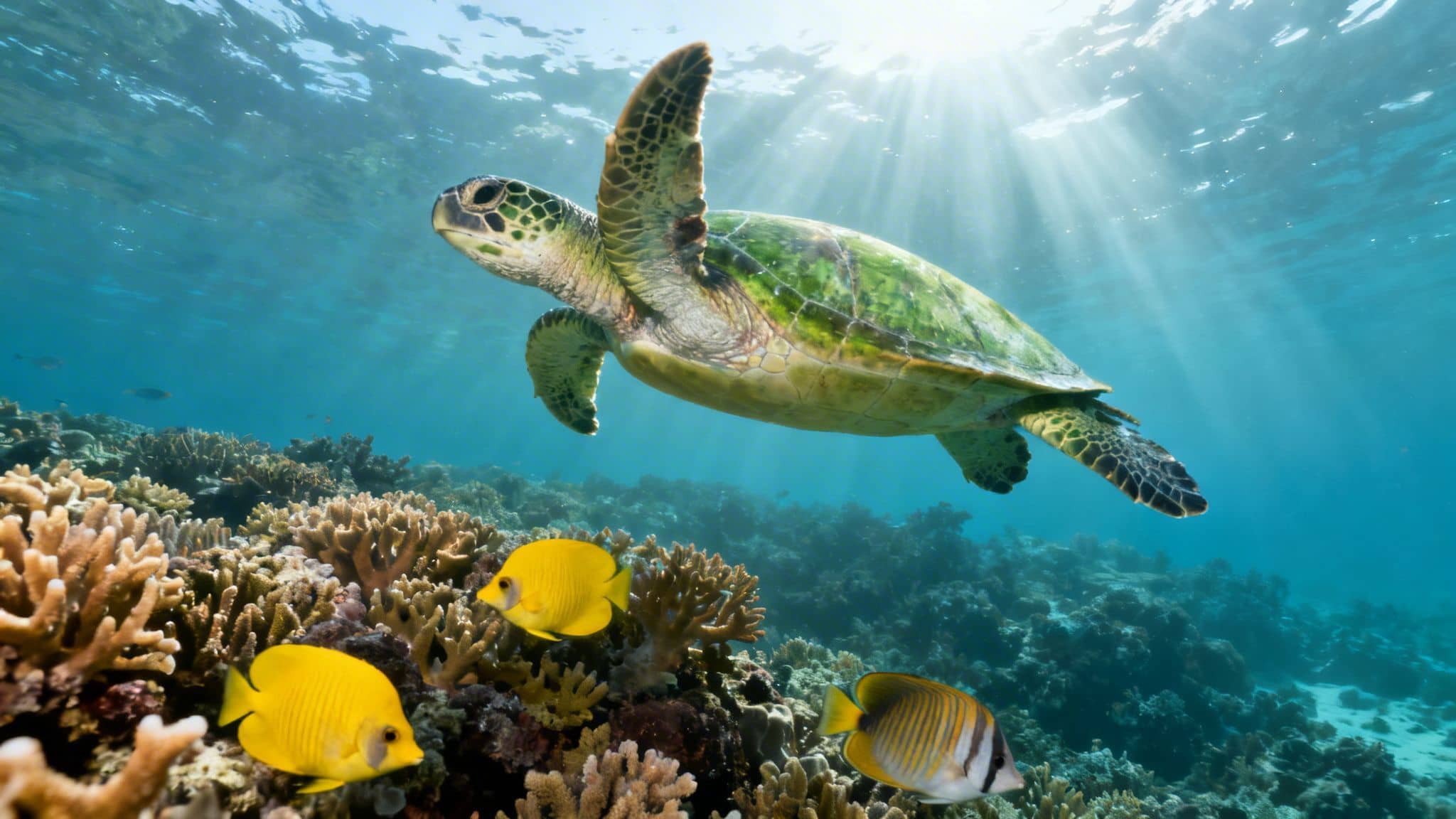 A green sea turtle swims above a vibrant coral reef with tropical fish and sun rays.