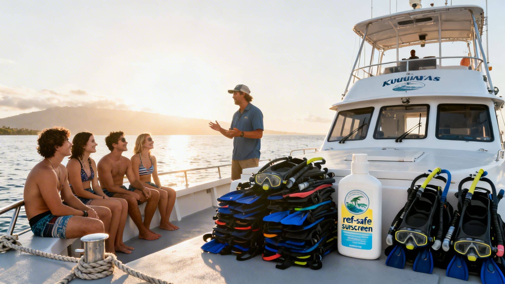 Tour guide briefing snorkelers on a boat at sunset with gear and reef-safe sunscreen.