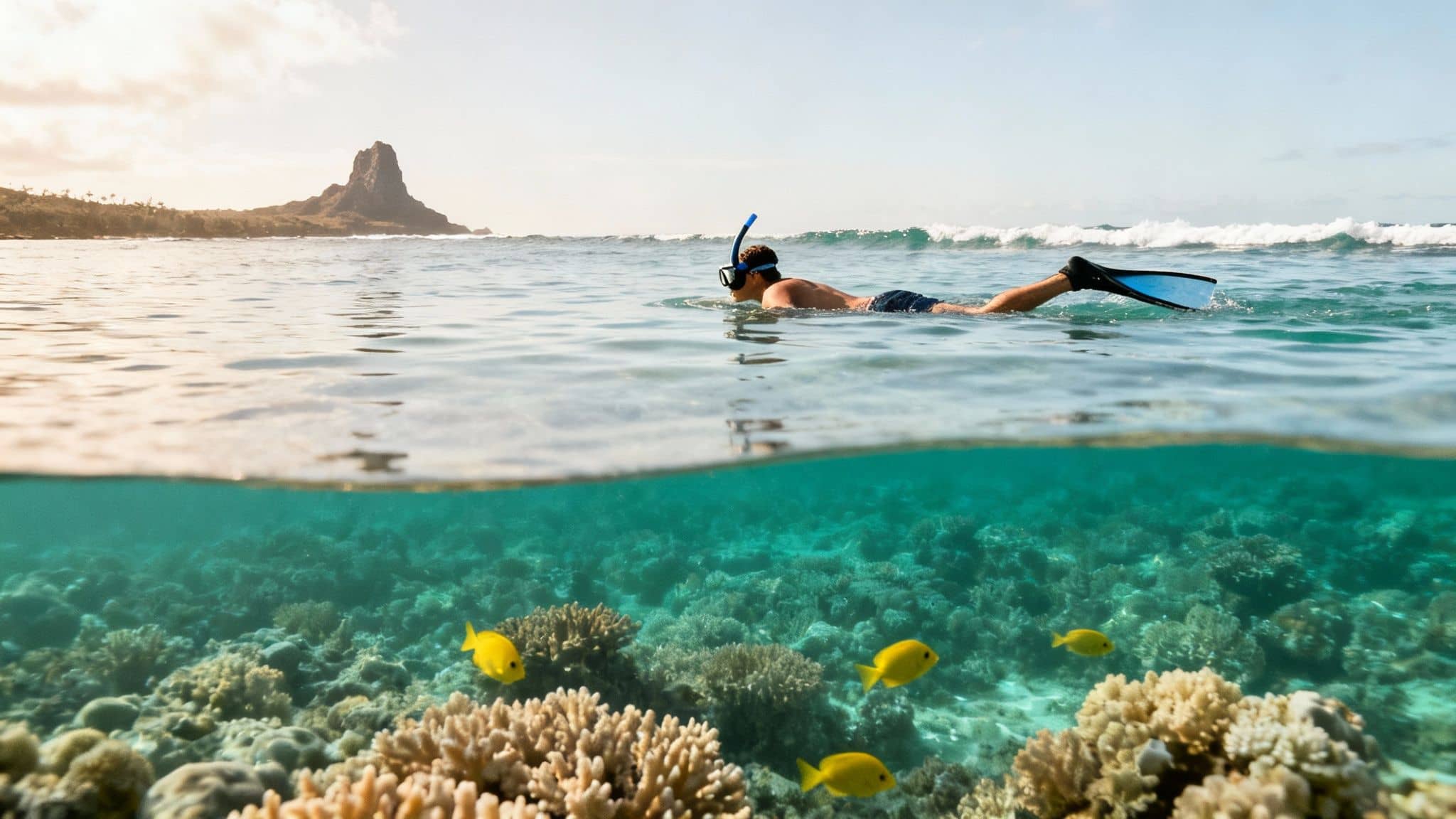 A person snorkeling in clear blue water above a vibrant coral reef with yellow fish, with a dramatic rocky island in the background.