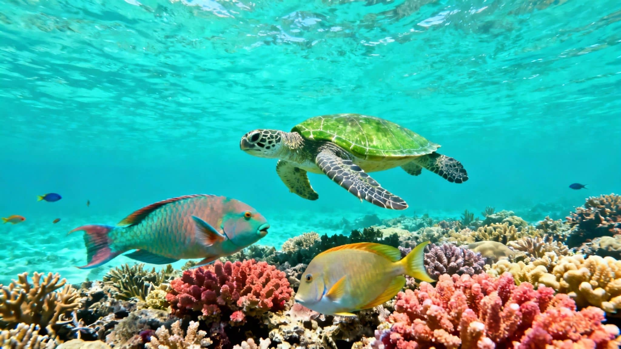 A vibrant coral reef teeming with marine life, including a green sea turtle and colorful fish.