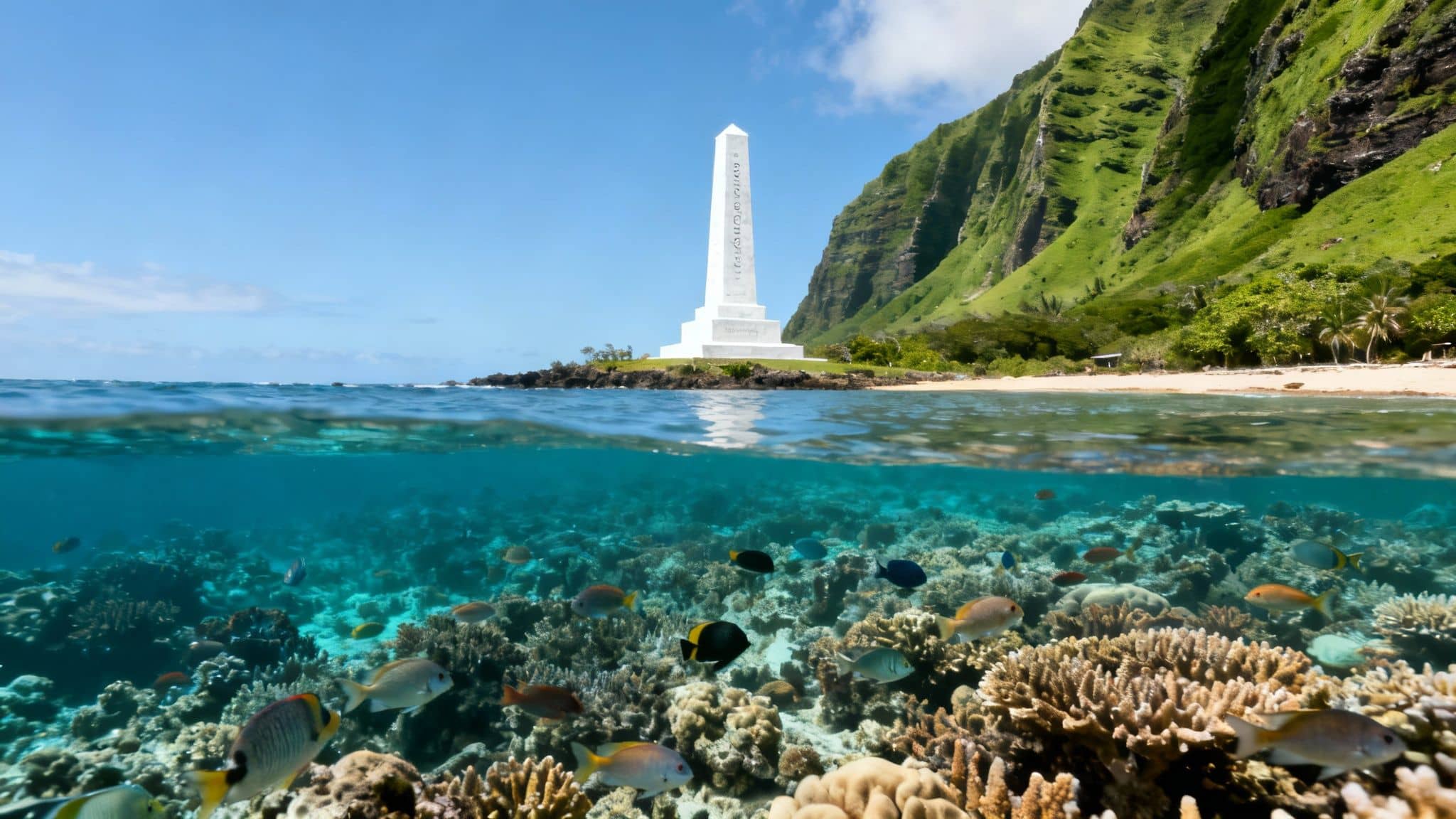 A stunning split view of a tropical island monument above and a vibrant coral reef teeming with fish below.