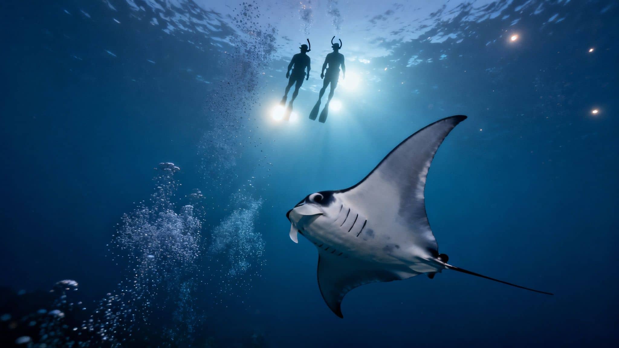 Several giant manta rays swim gracefully in dark water, illuminated by bright blue lights from below.