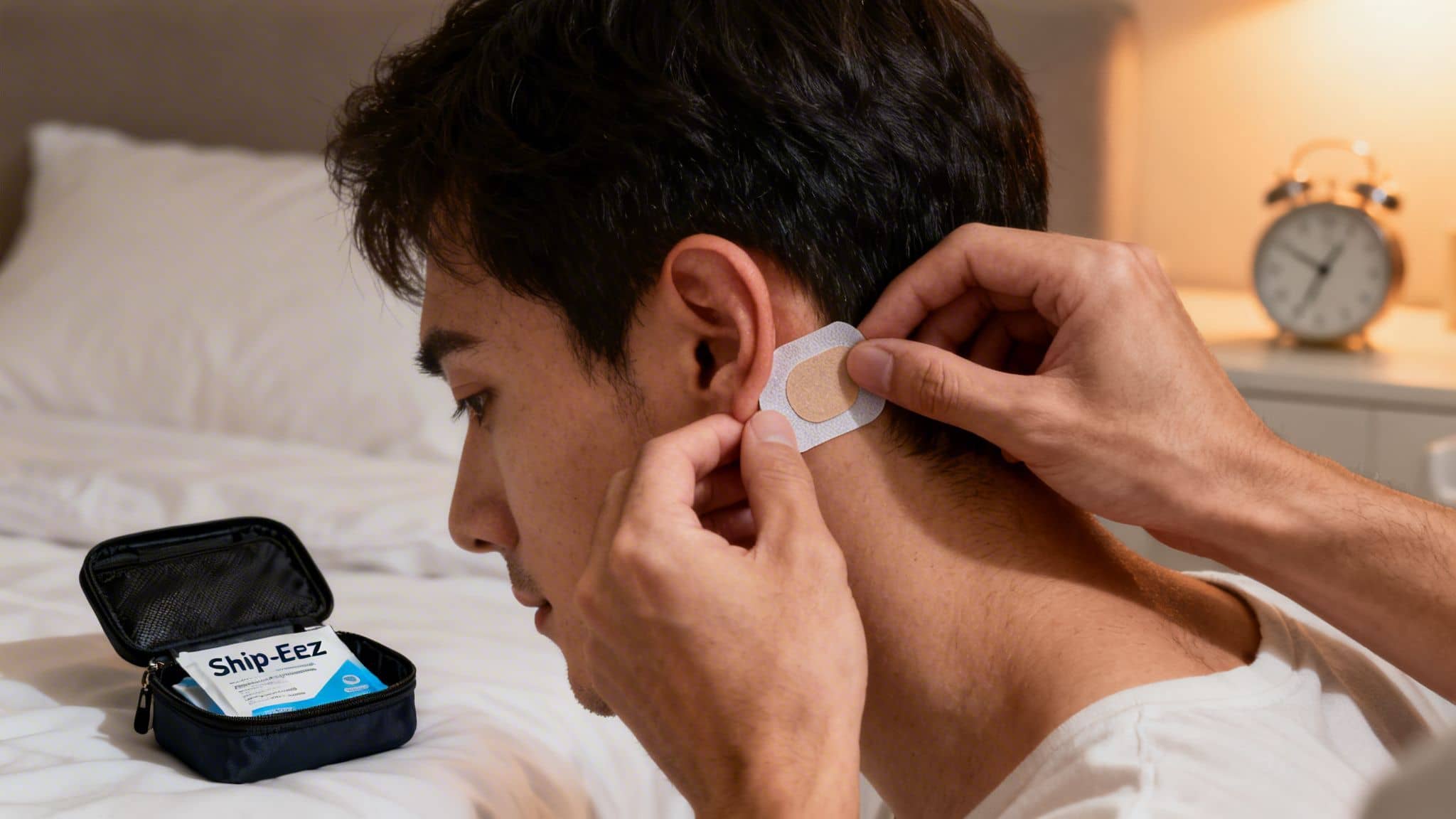 A man applies a motion sickness patch behind his ear, with 'Ship-Eez' packets visible nearby.