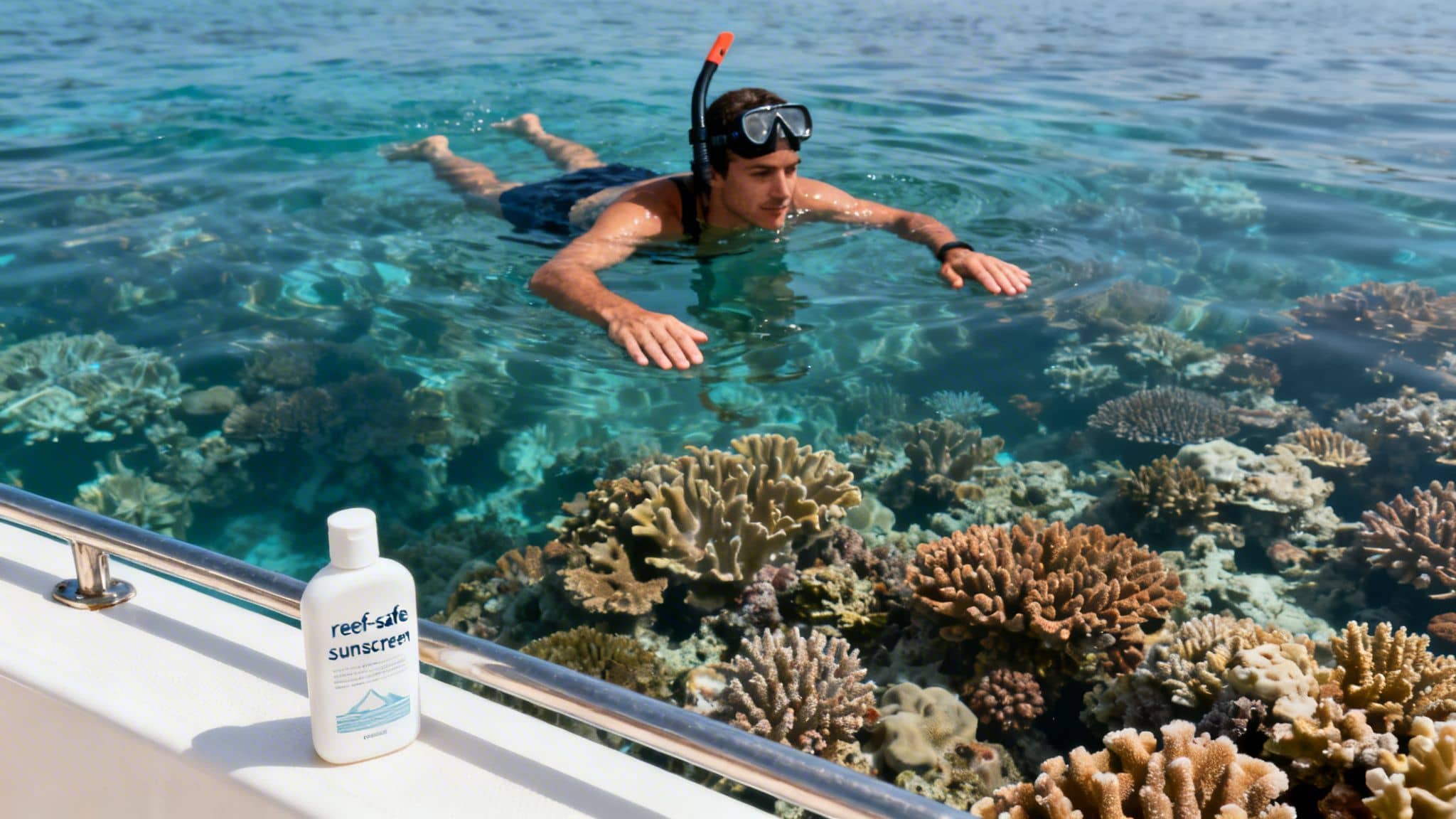 A man snorkels in crystal clear water above colorful coral reefs, with reef-safe sunscreen on a boat.