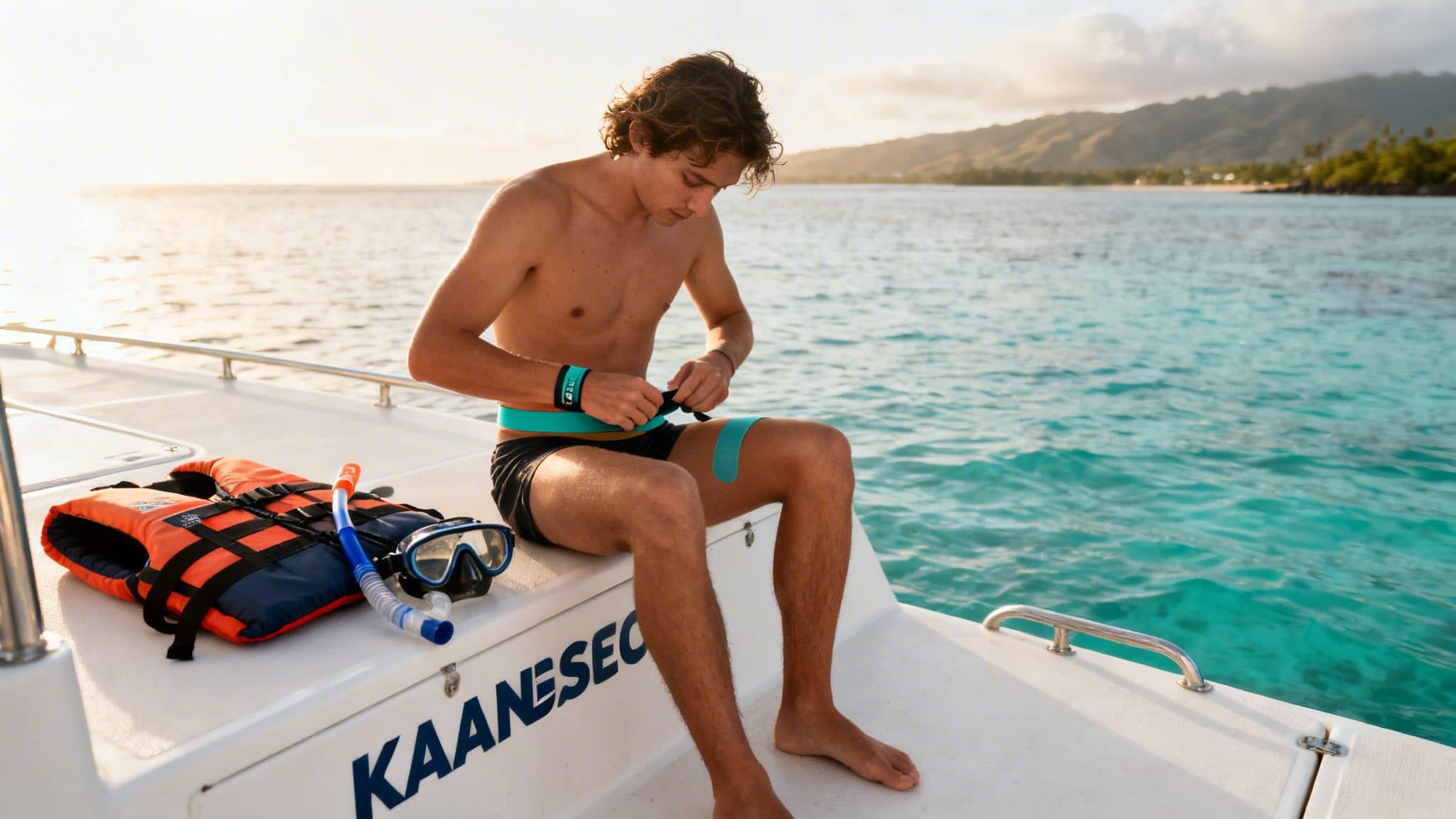 Young man on a boat preparing for snorkeling, wearing turquoise acupressure bands and a life vest.