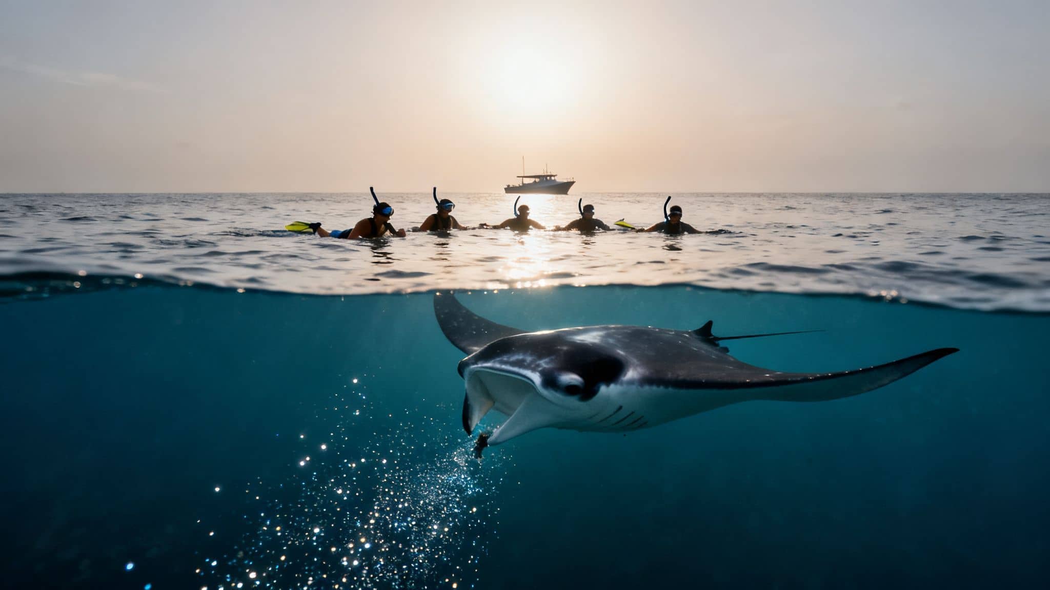 Split-level photo of snorkelers and a boat above water, with a manta ray swimming below.