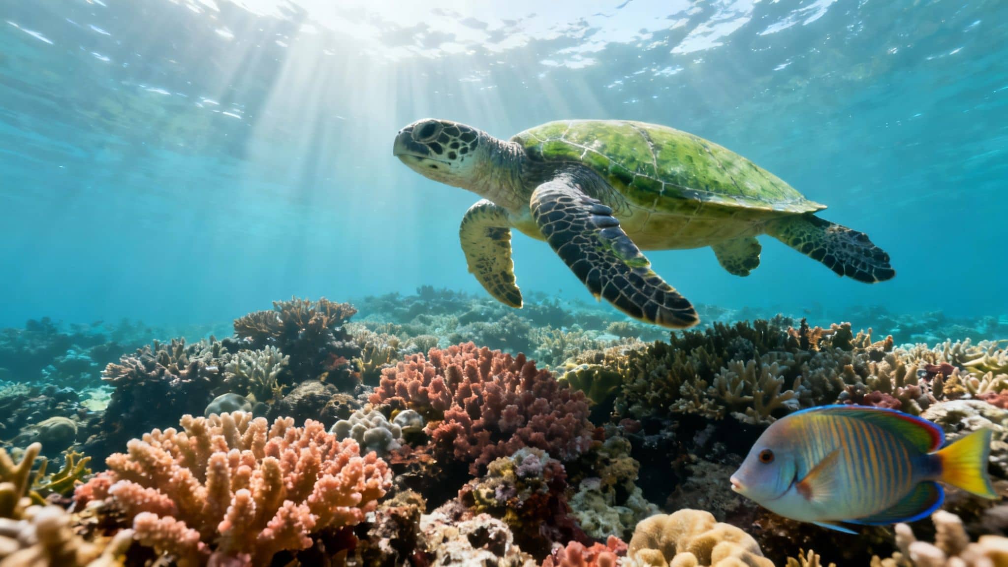 Green sea turtle swimming gracefully above a vibrant coral reef, sun rays illuminate the clear blue water.