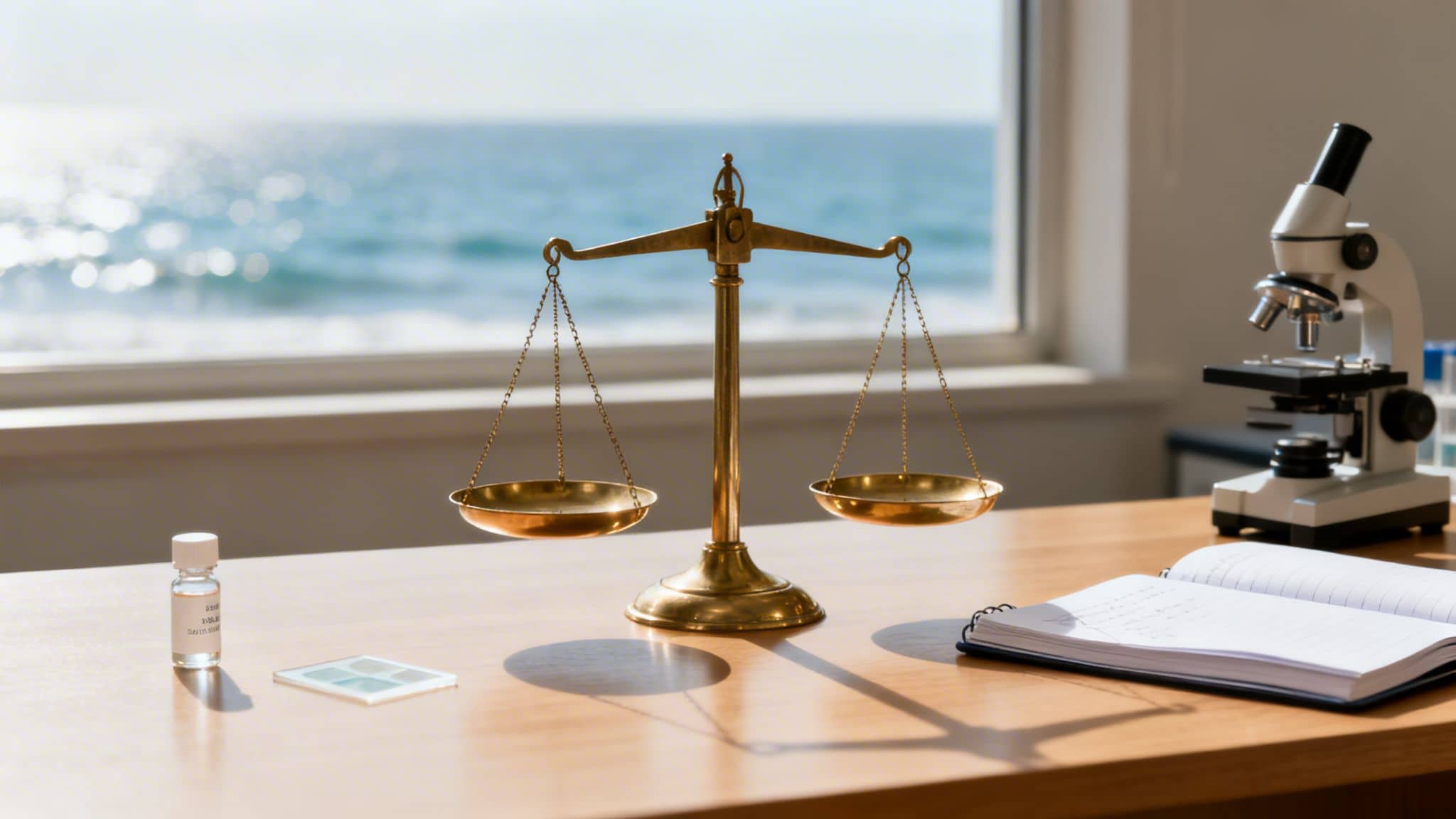 A brass balance scale on a wooden desk with scientific instruments and an ocean view.