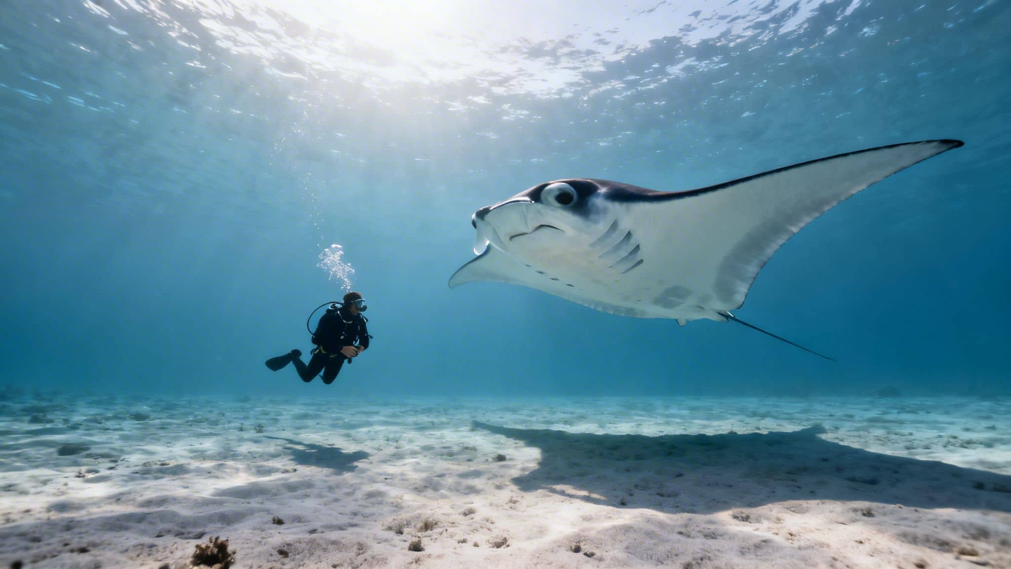 A diver swims underwater, observing a majestic manta ray in clear blue ocean.