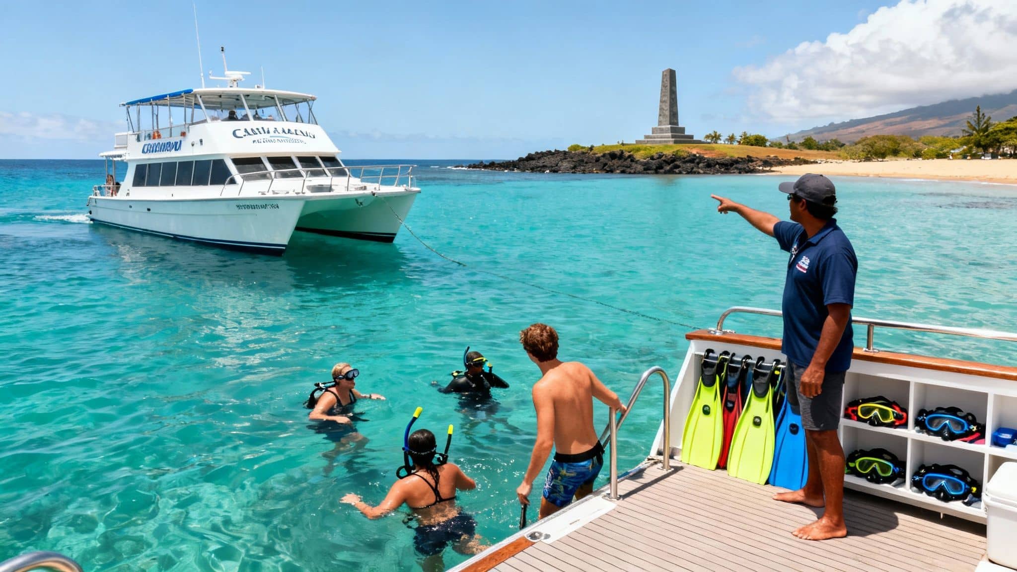 Tourists snorkel and swim near a catamaran boat, with a guide pointing towards a historical monument on the shore.