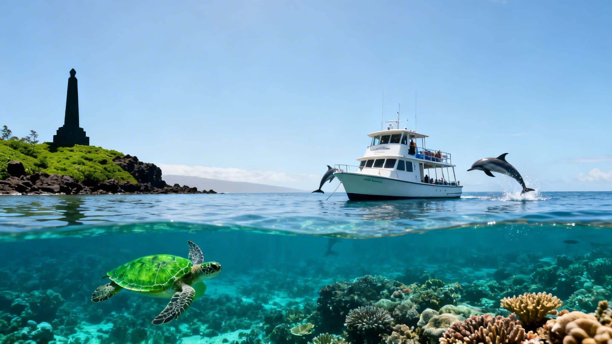Split-level photo showing dolphins, a boat, and a monument above water, with a sea turtle and coral reef below.