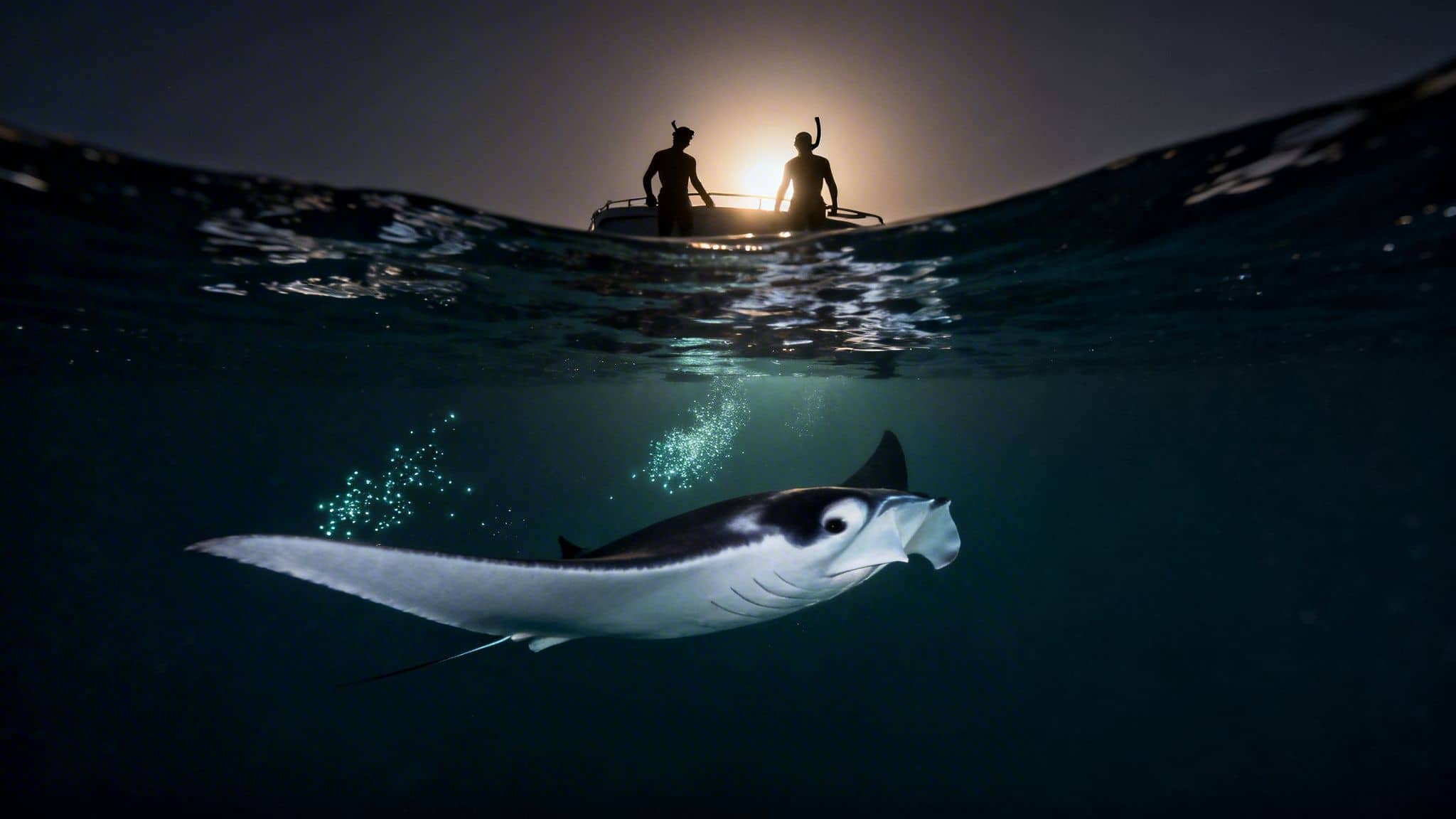 Split shot of a majestic manta ray swimming underwater with silhouetted snorkelers on a boat.