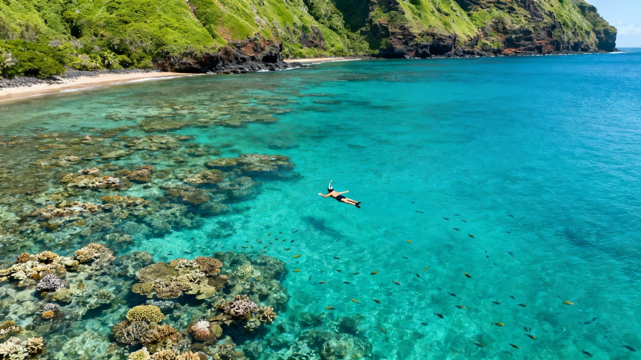Aerial view of a person snorkeling over a vibrant coral reef in clear turquoise water near a lush green cliff.