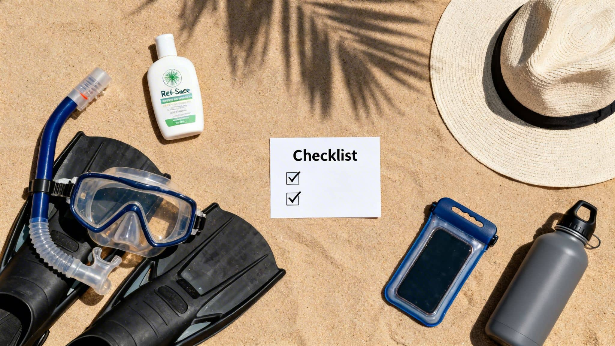 Summer beach essentials including snorkel, mask, fins, sunscreen, hat, and waterproof phone pouch on sand.