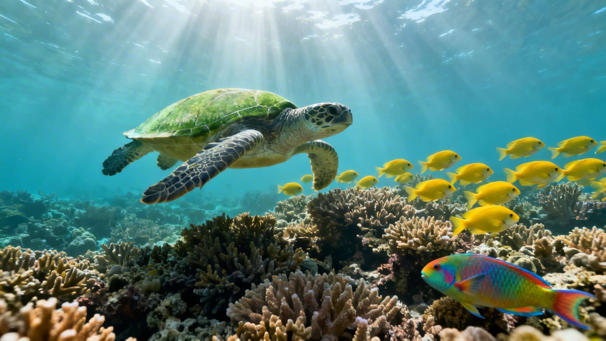 A vibrant underwater scene with a sea turtle, school of yellow fish, and colorful parrotfish over a coral reef.