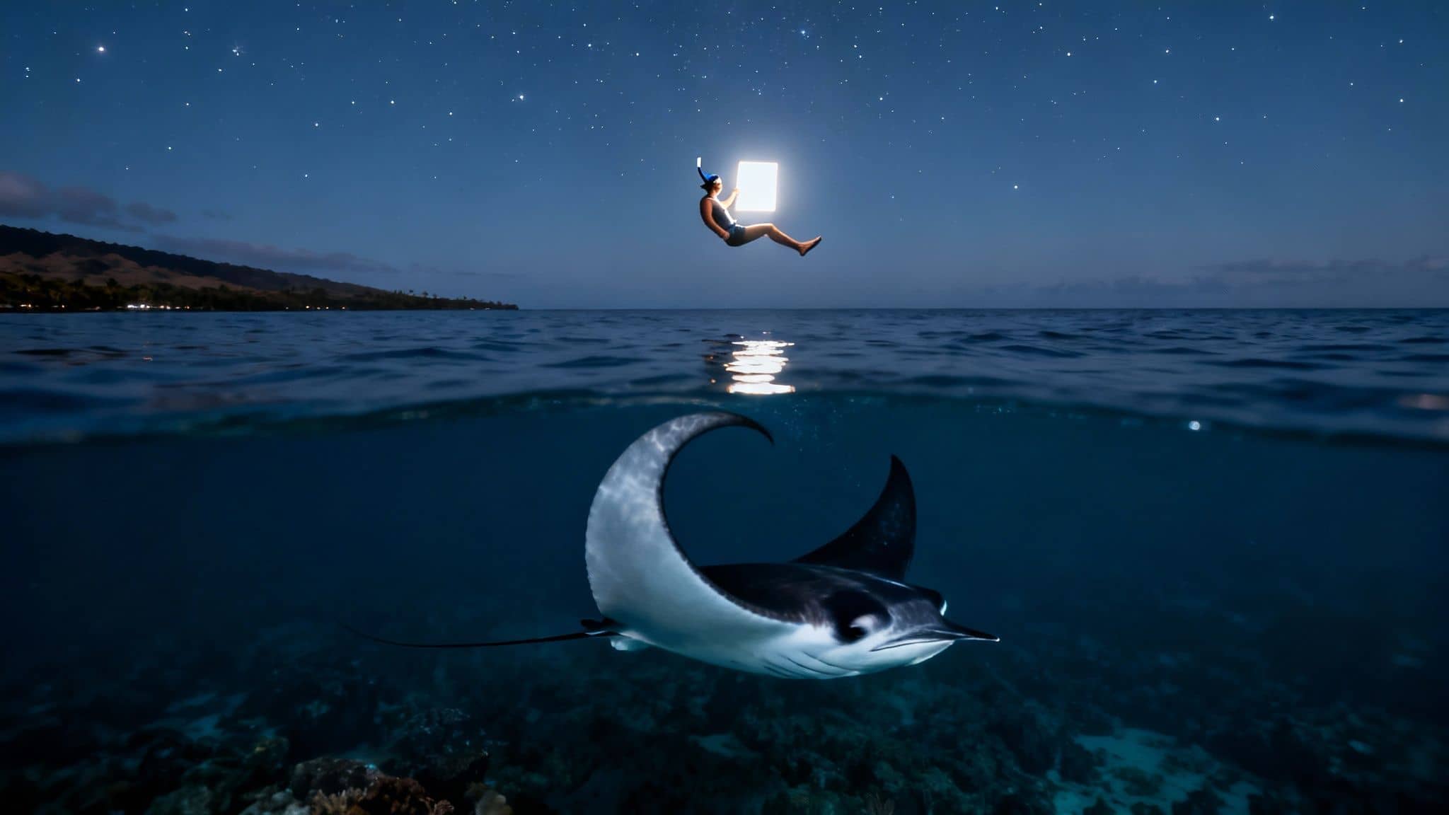 A person floats above the ocean at night with a glowing book and snorkel, a manta ray swimming below.