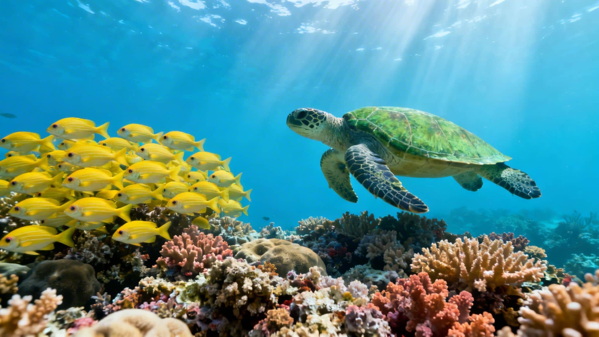 A green sea turtle swims above a vibrant coral reef alongside a school of yellow fish.
