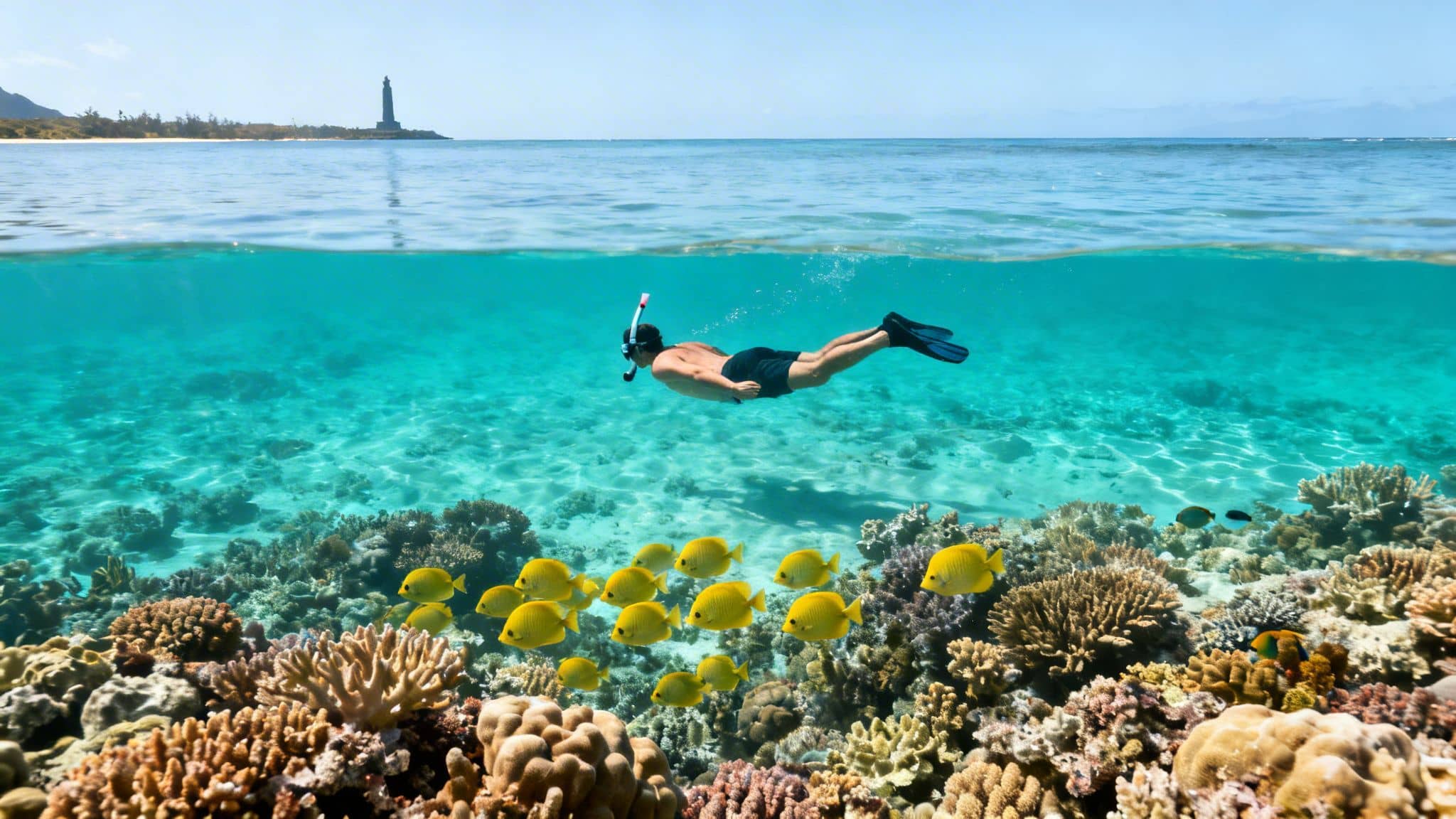 Man snorkeling over a colorful coral reef with yellow fish, split view showing a coastal lighthouse.