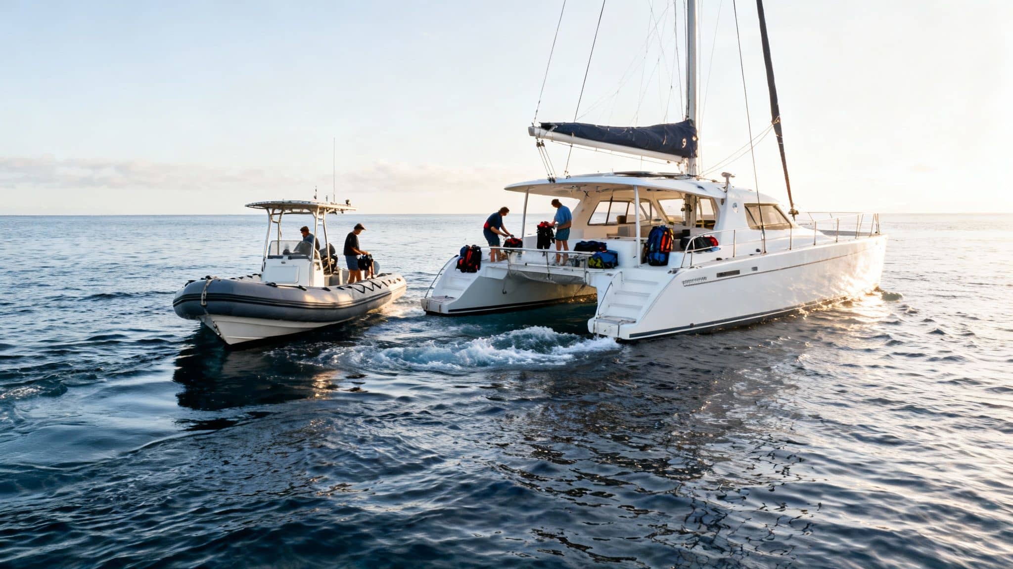 People on two boats, a catamaran and a RIB, preparing for a snorkeling tour.