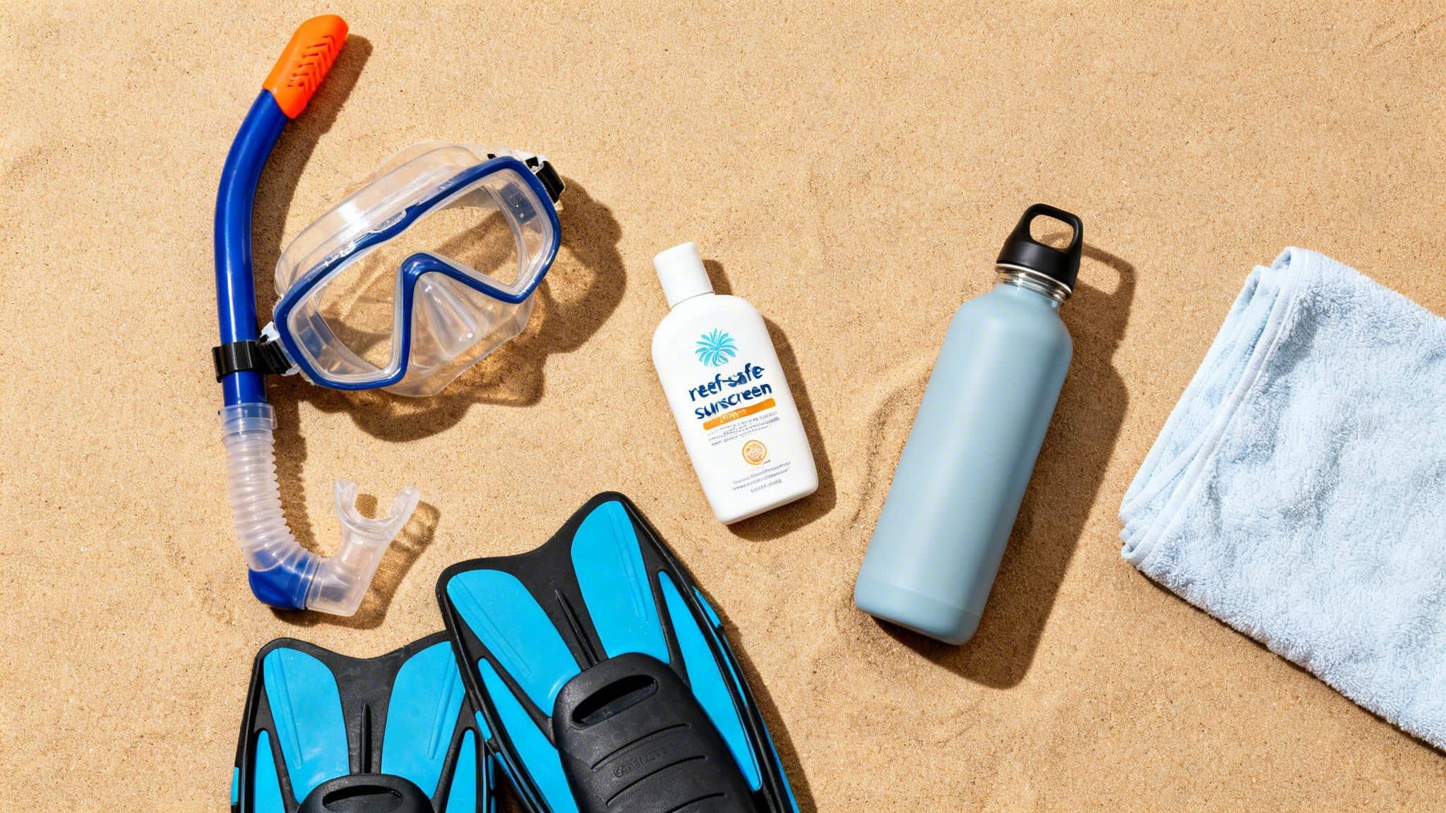 A flat lay of blue snorkeling gear, reef-safe sunscreen, and a water bottle on beach sand.
