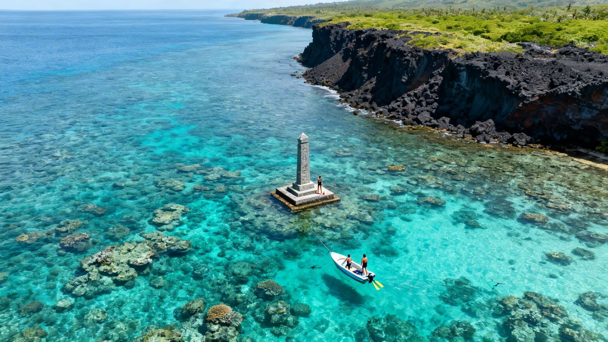 Aerial view of a monument in vibrant turquoise water with coral reefs, a boat, and a volcanic coastline.