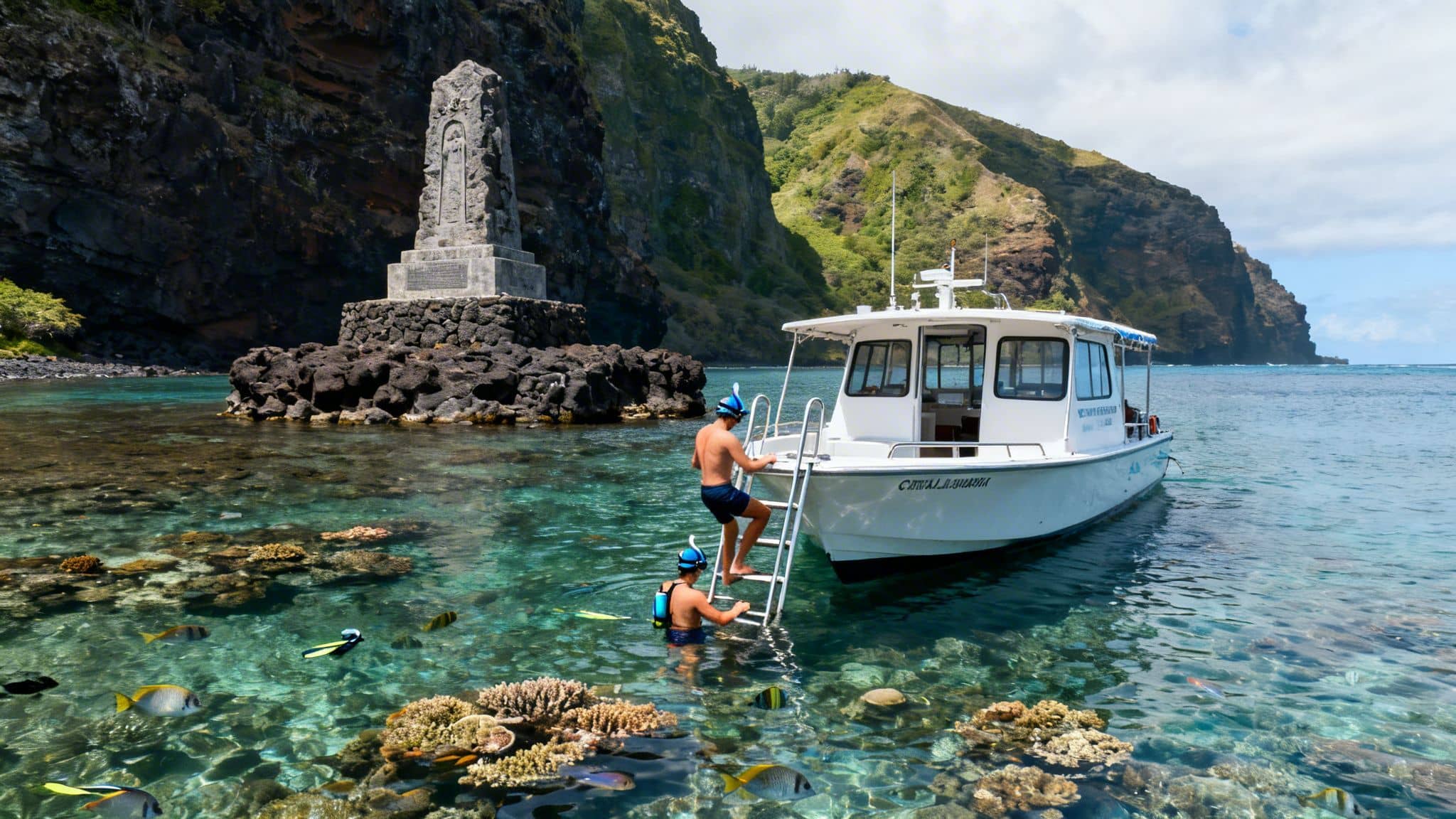 Two men snorkel near a white boat in clear Hawaiian waters with a monument and lush cliffs.