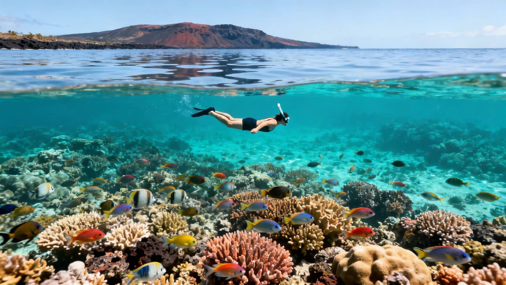 A person snorkeling over a vibrant coral reef teeming with colorful fish, with a volcanic island visible above water.