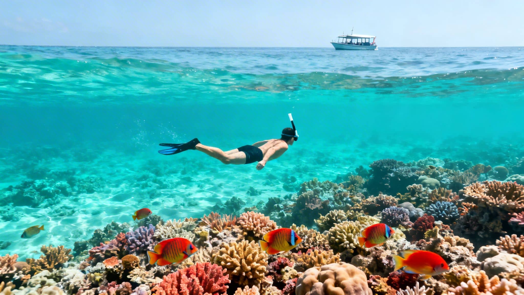 Split view of a man snorkeling with vibrant coral reef and fish underwater, boat above.