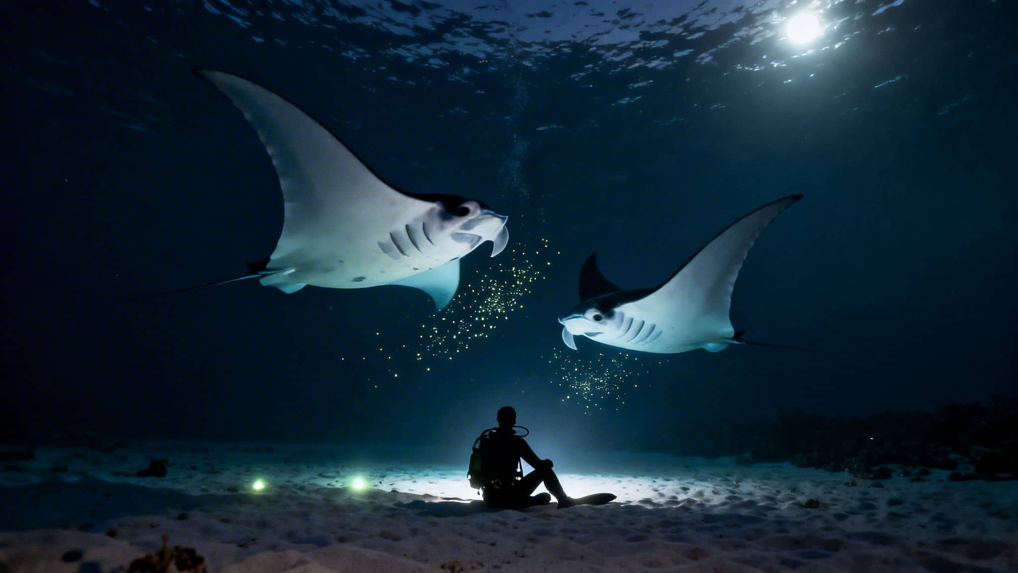 A diver sits on the ocean floor at night, observing two majestic manta rays swimming overhead, illuminated by lights.
