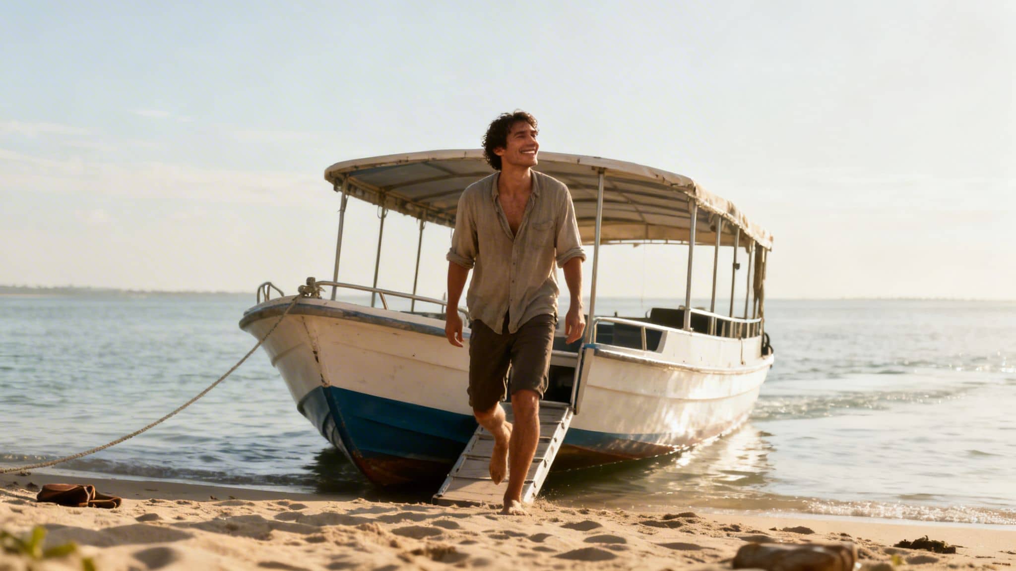 A smiling man walks barefoot from a boat onto a sunny, sandy beach.