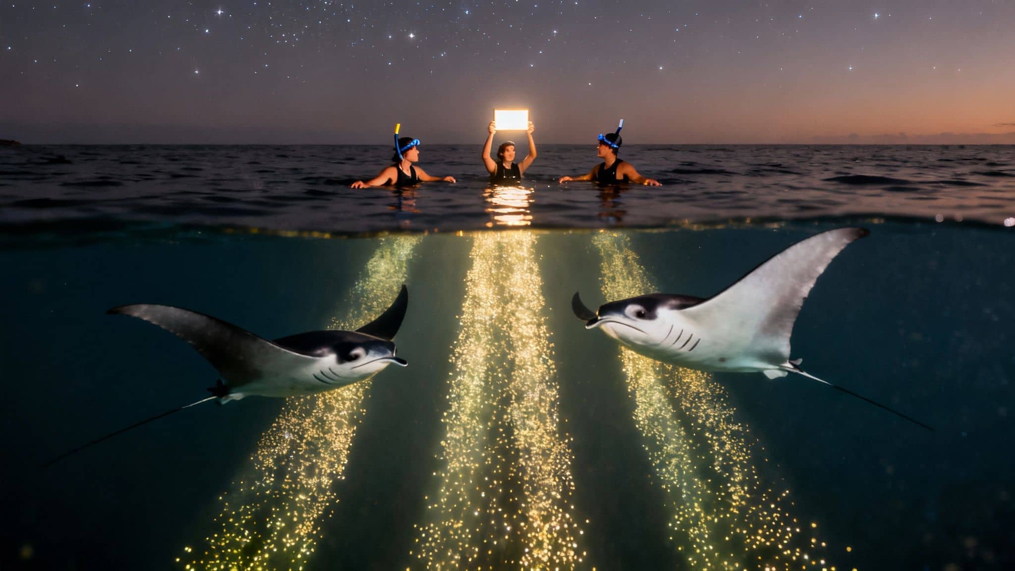 Three snorkelers illuminate two majestic manta rays with underwater lights under a starry night sky.