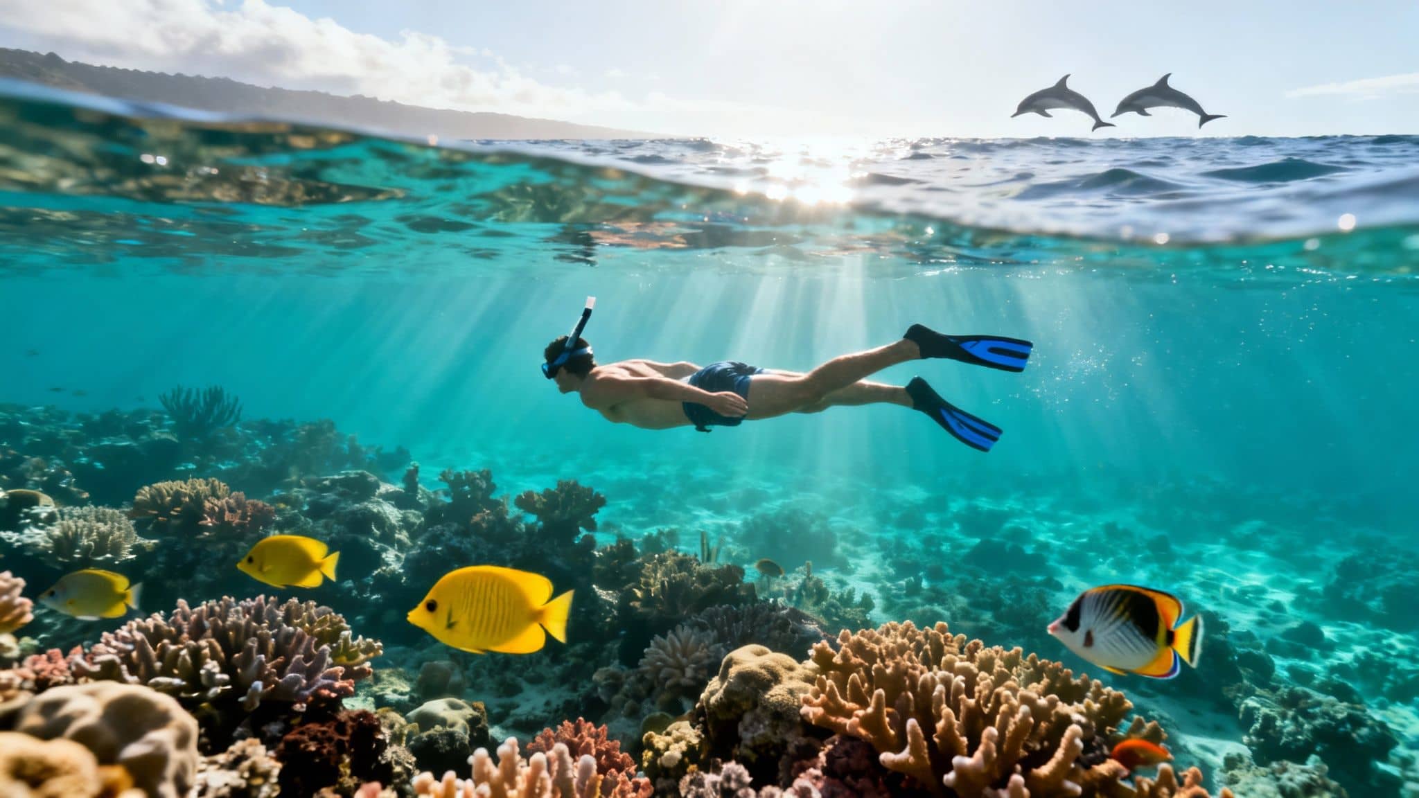 A man snorkeling over a vibrant coral reef with colorful tropical fish and two dolphins jumping from the water.