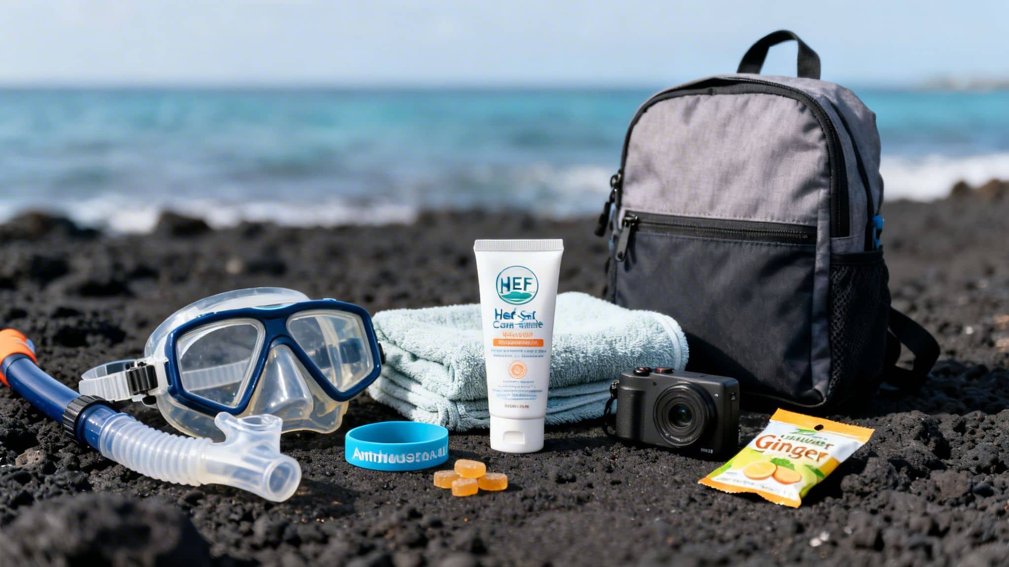 Snorkel gear, sunscreen, camera, and backpack arranged on a black volcanic beach near the ocean.
