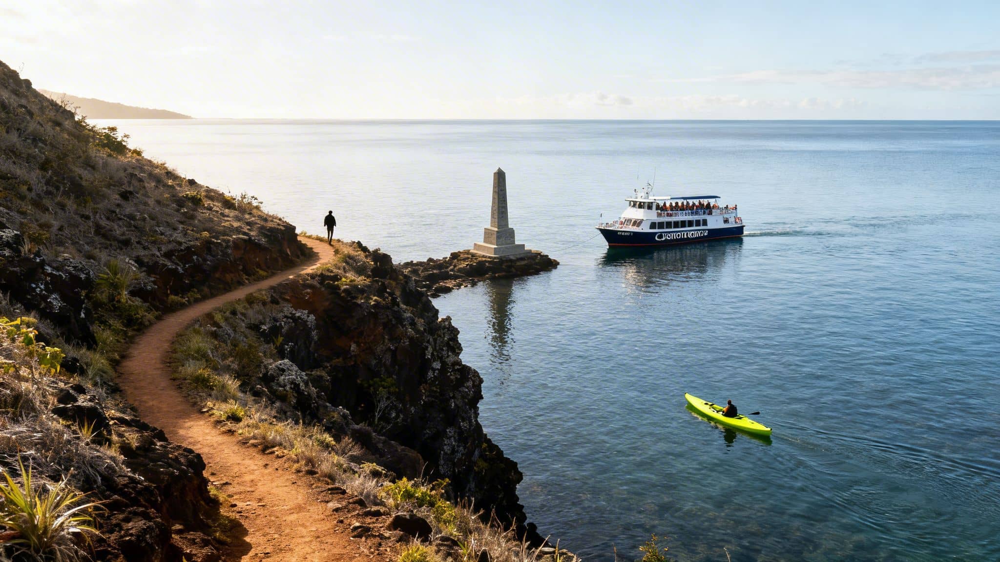 A person walks a coastal trail overlooking Kealakekua Bay with a monument, tourist boat, and kayaker.