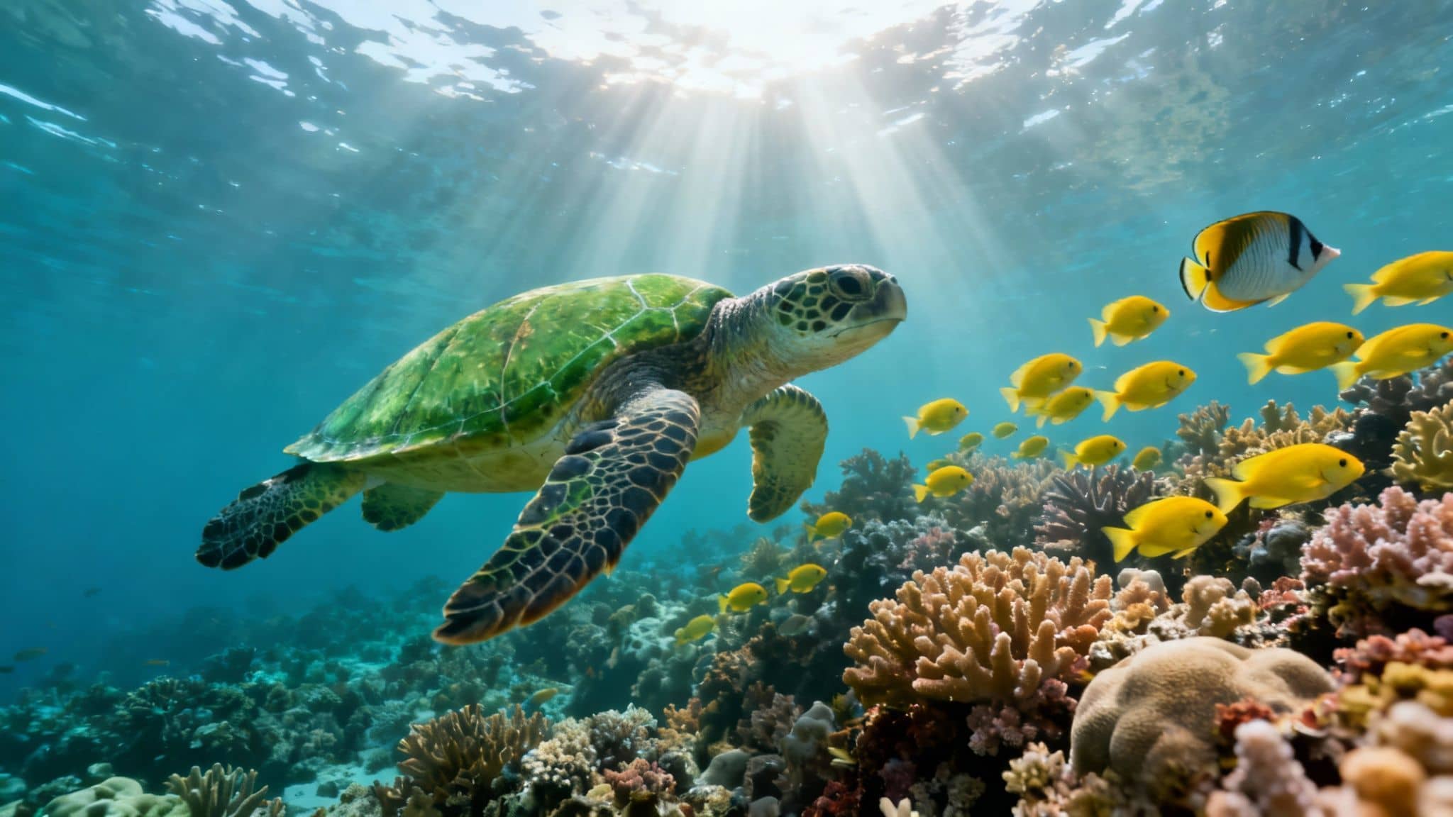 A majestic green sea turtle swims among a vibrant coral reef, surrounded by schools of tropical fish and illuminated by sun rays.