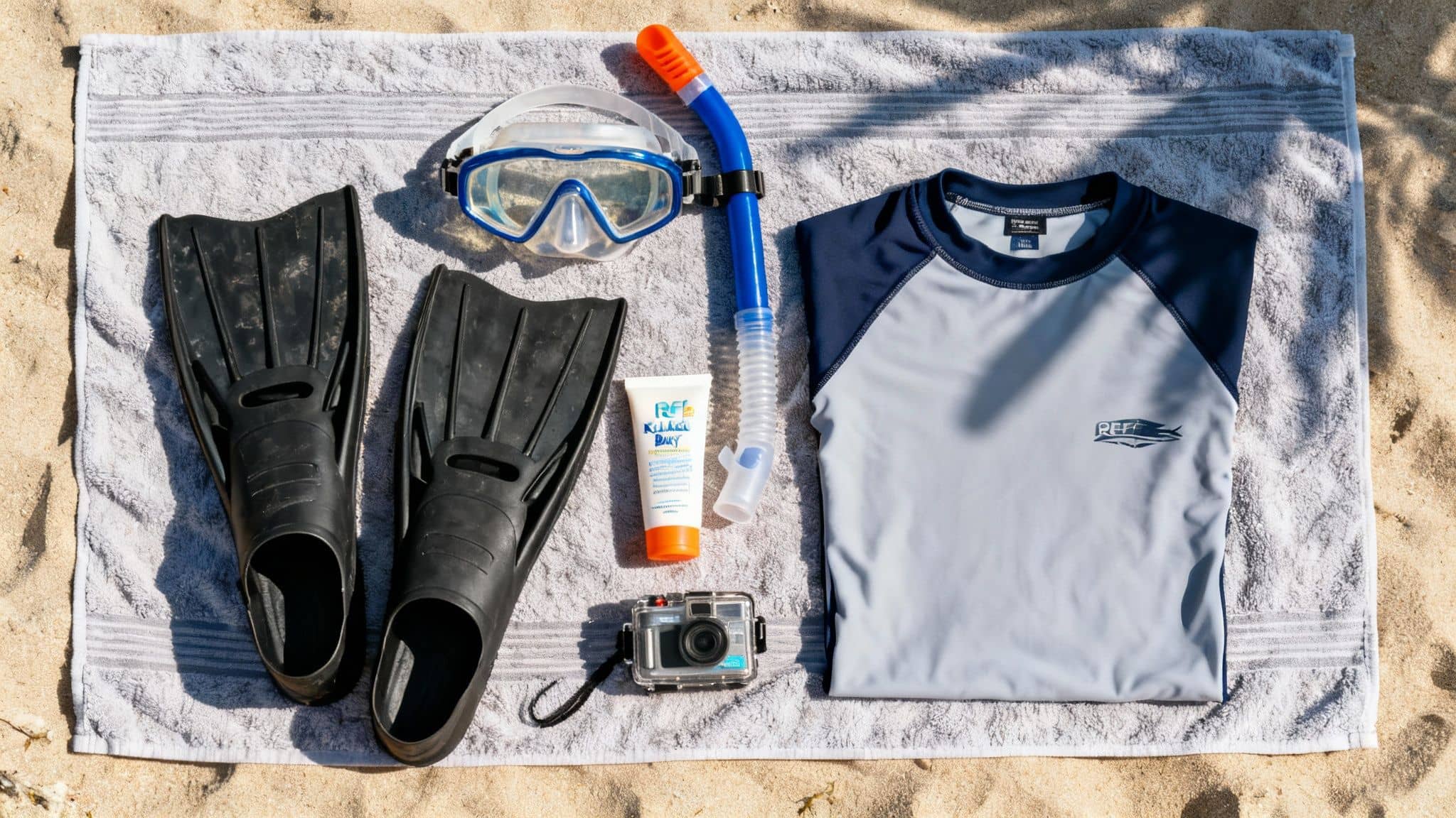 Snorkeling gear, including fins, mask, snorkel, rash guard, sunscreen, and camera, on a beach towel.