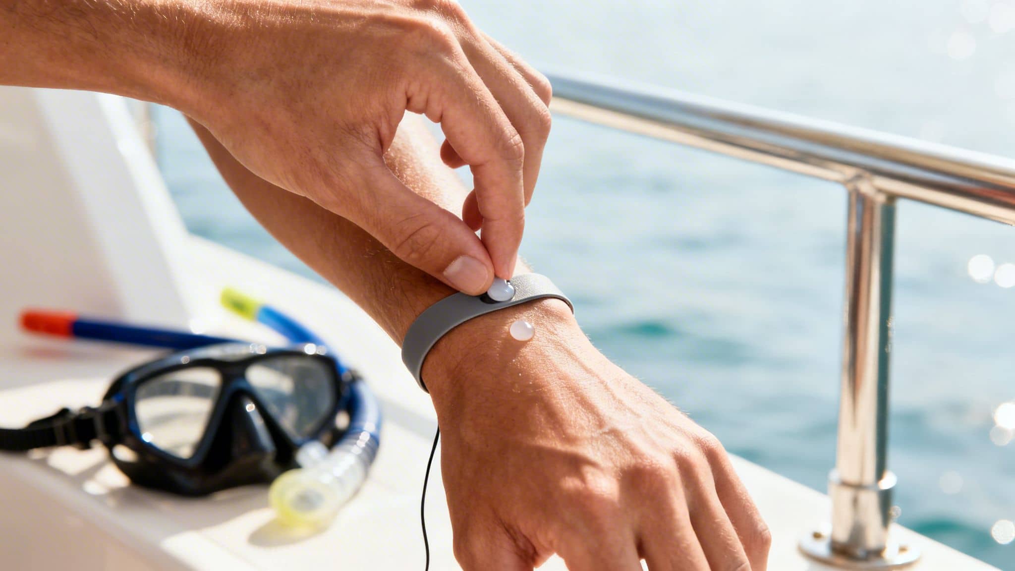 Hands adjust a sea sickness relief band on a wrist on a boat with snorkeling gear.
