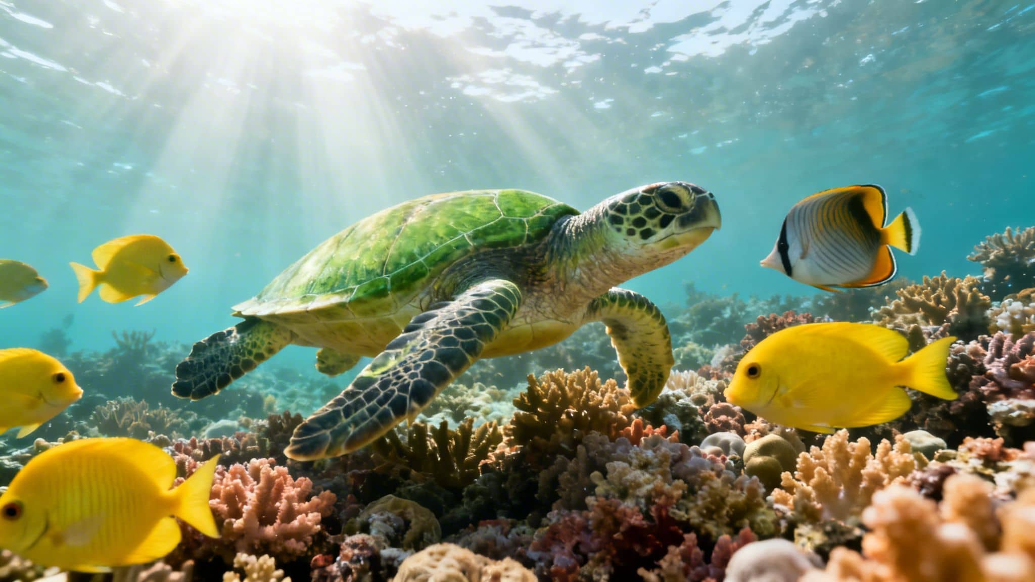 A majestic green sea turtle swims gracefully over a colorful coral reef with various tropical fish.