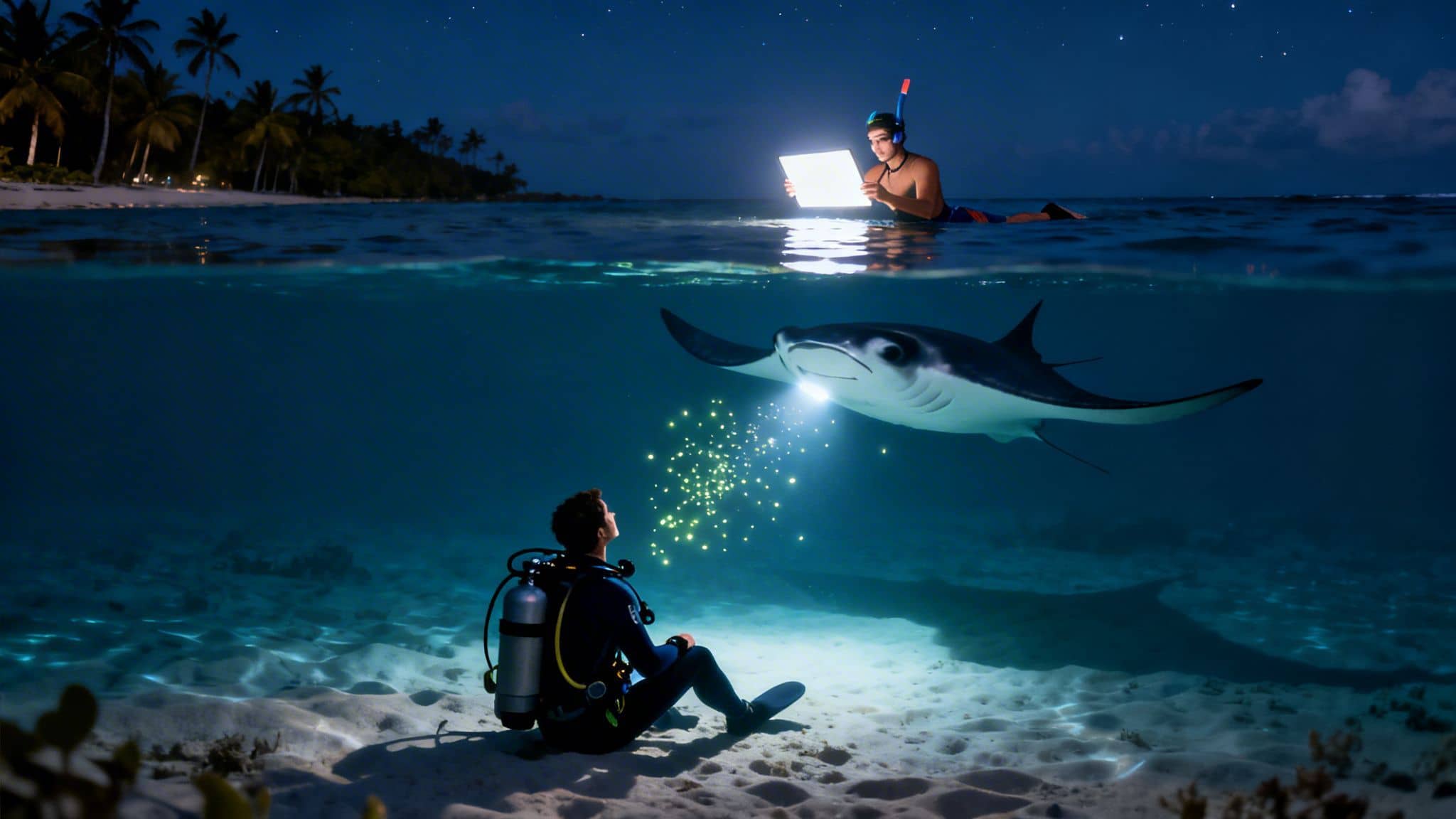 Night scene: a diver on the seabed observes a manta ray while a snorkeler illuminates the water.