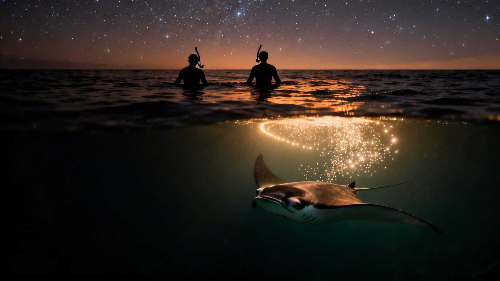 Two snorkelers watch a manta ray under a starry night sky with a glowing heart underwater.