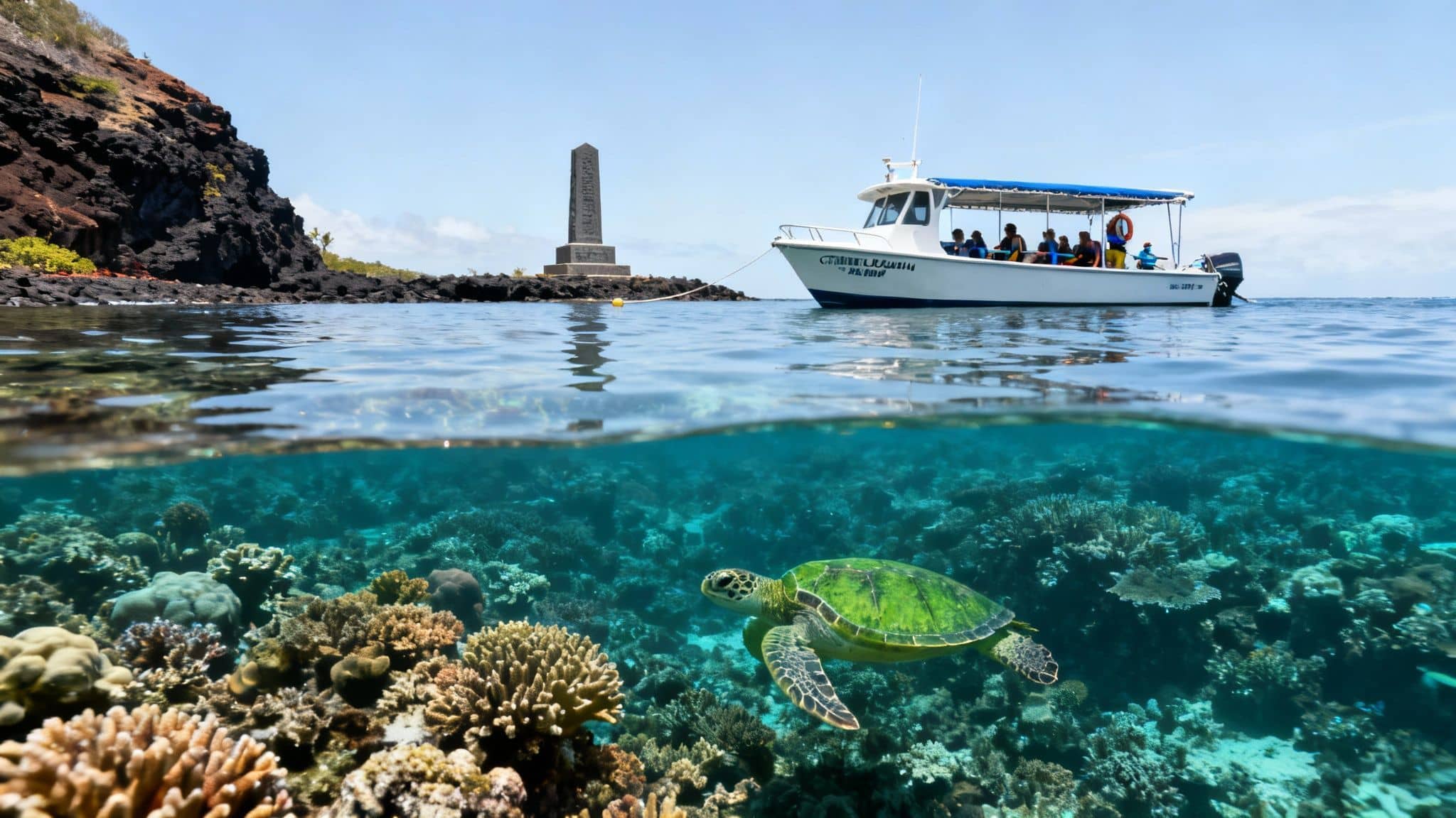 Over-under shot of a boat near a monument and a sea turtle swimming over a vibrant coral reef.