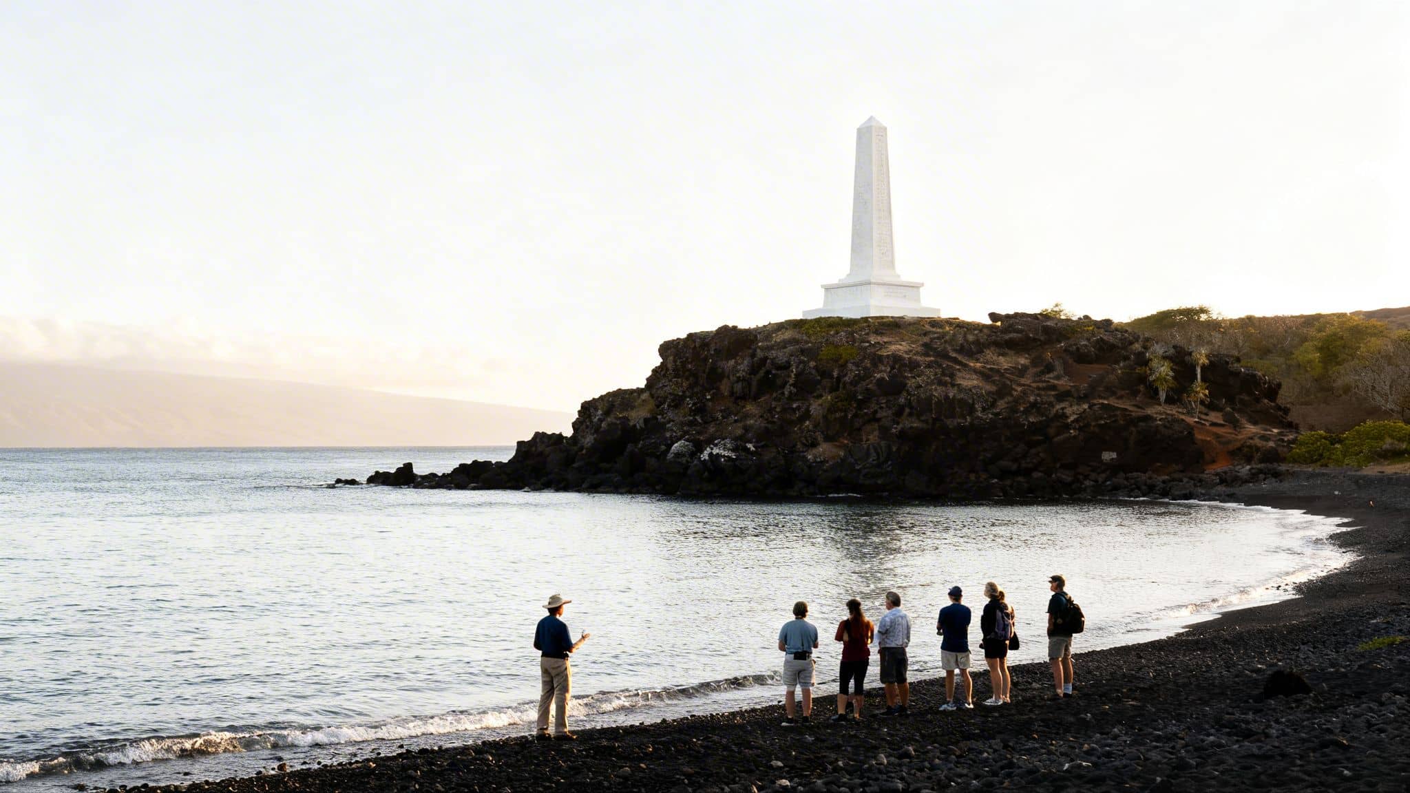 A group on a black sand beach listening to a guide near the white Captain Cook Monument.