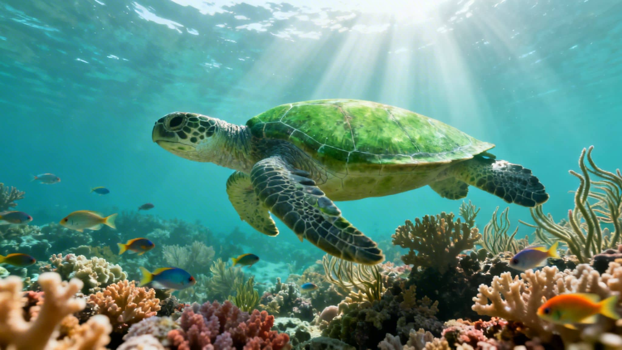A majestic green sea turtle swims gracefully over a colorful coral reef with sun rays.