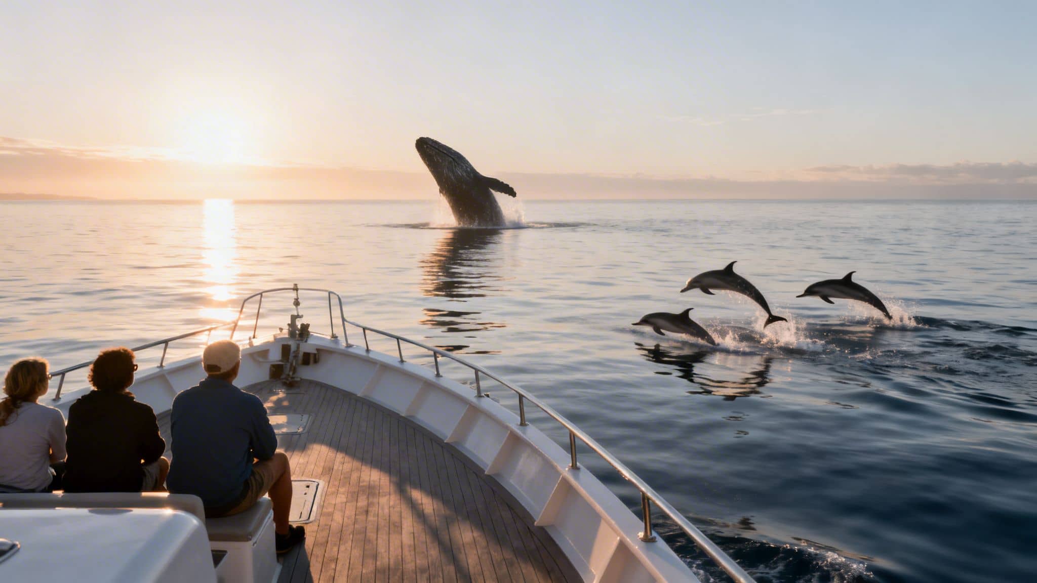 People on a boat watch a humpback whale breaching and dolphins jumping at sunset.
