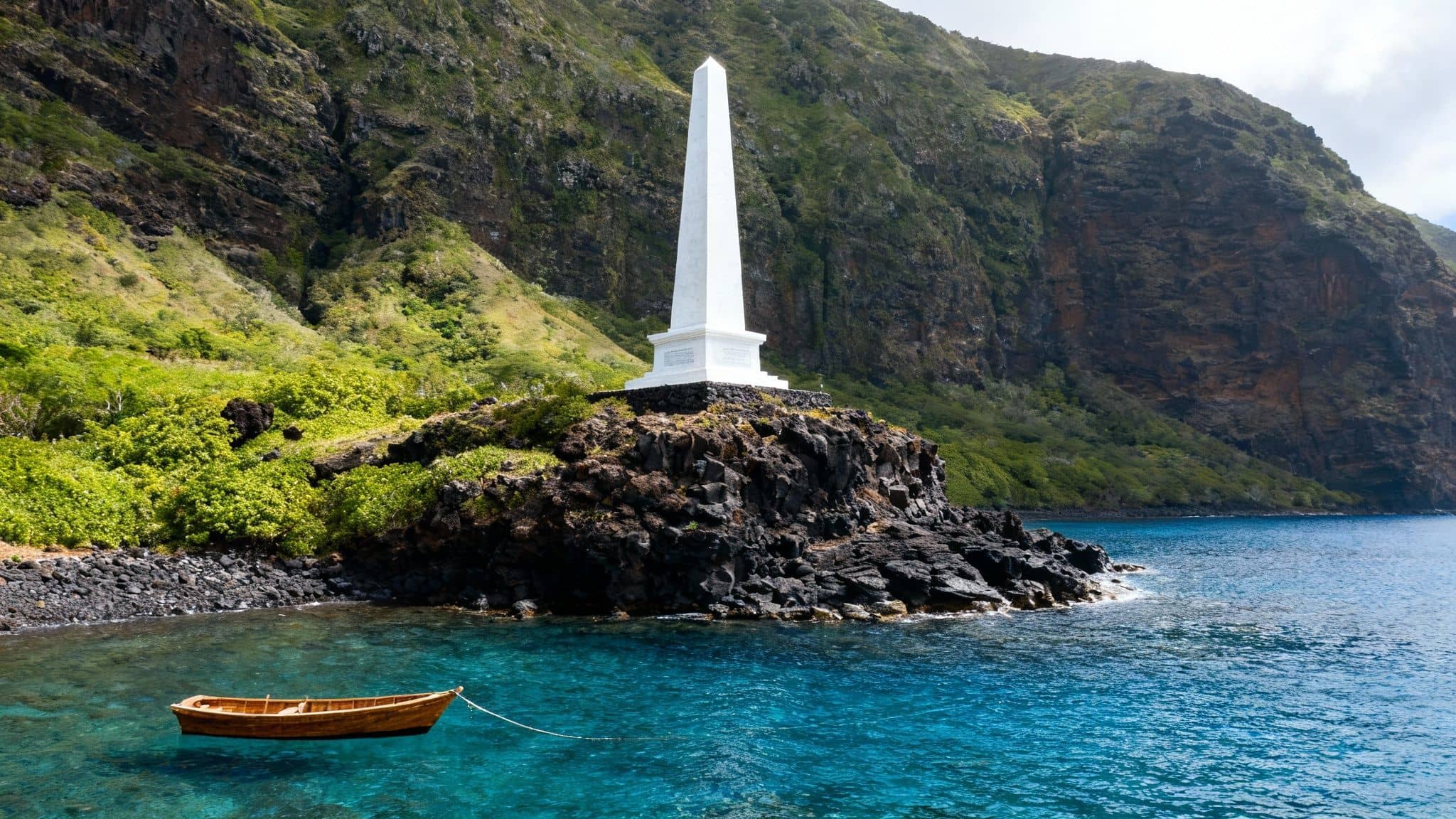 White obelisk monument on rocky outcrop, wooden boat in clear blue water, green cliffs backdrop.