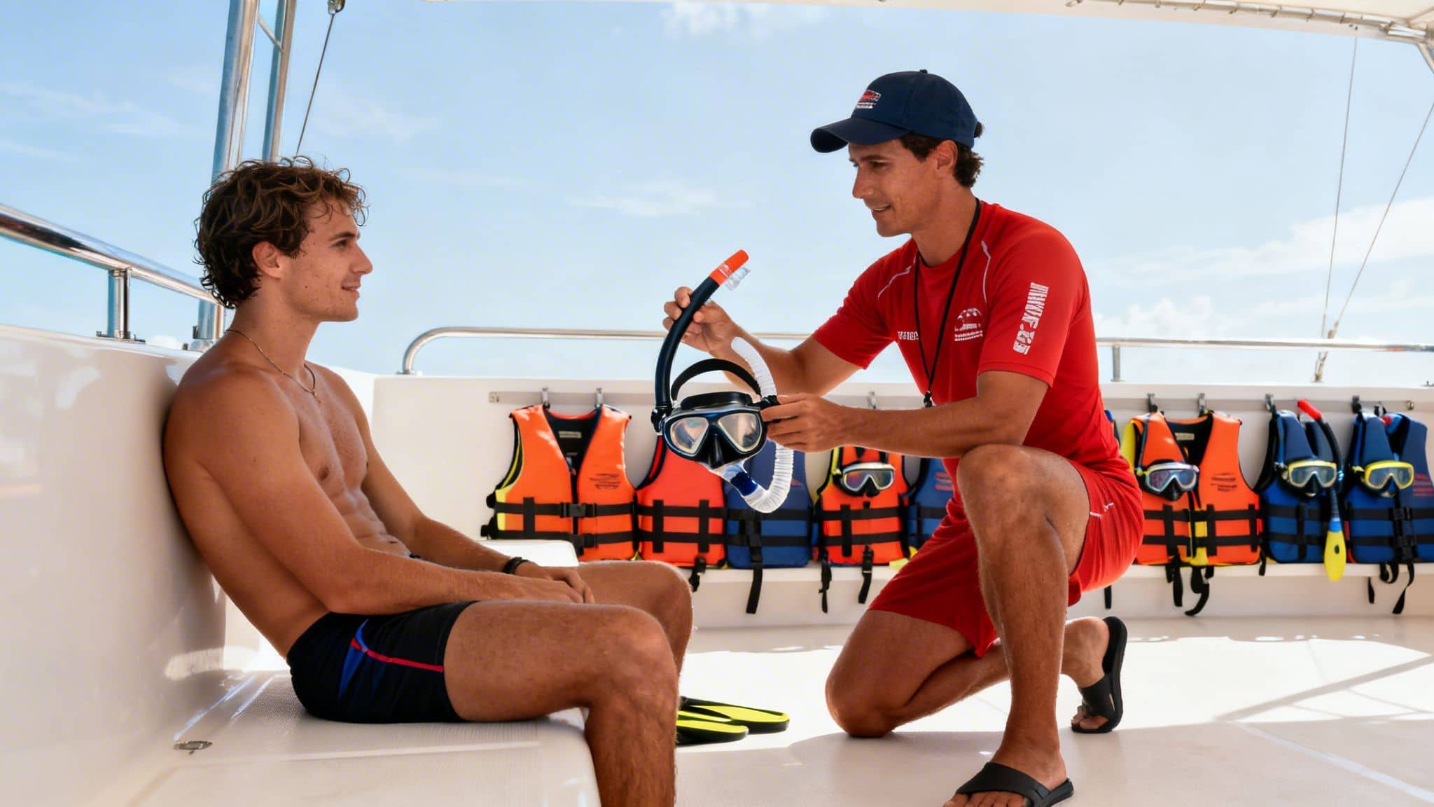 An instructor demonstrates snorkeling gear, including a mask and snorkel, to a guest on a boat.