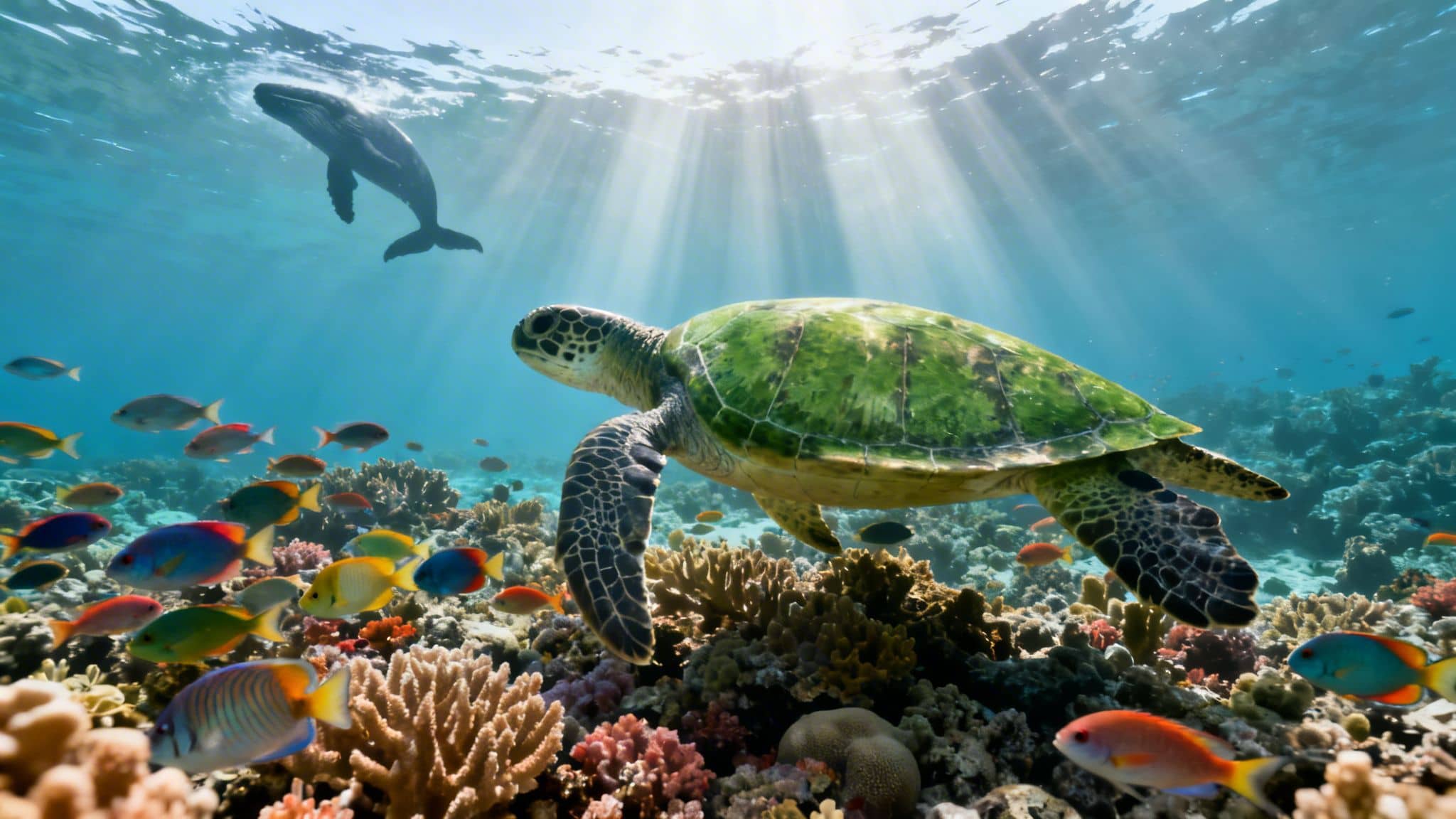 Vibrant underwater scene with a sea turtle, colorful fish, coral reef, and a humpback whale.